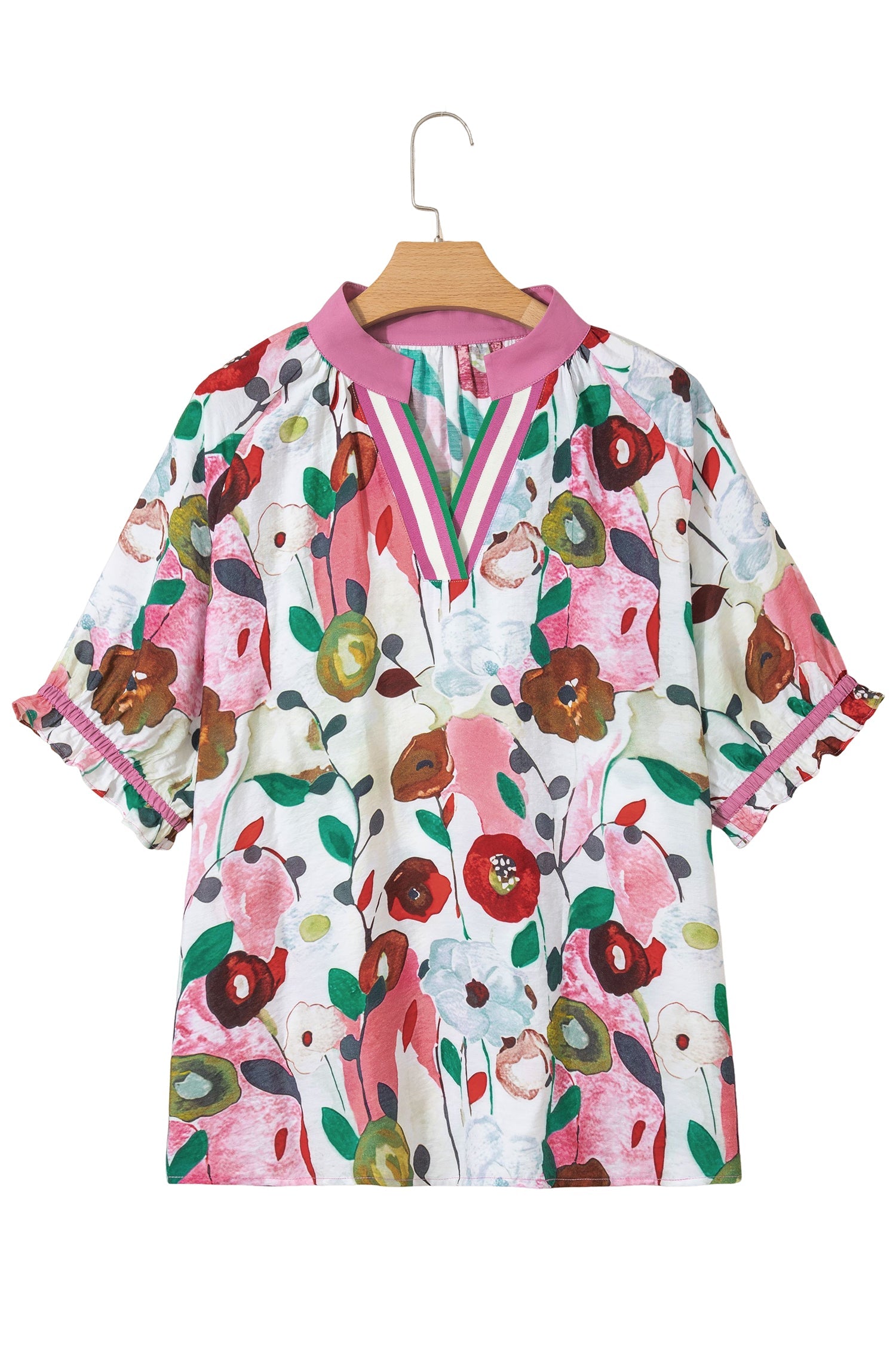 pink v neck short puff sleeve plus size floral blouse for women casual everyday outfit