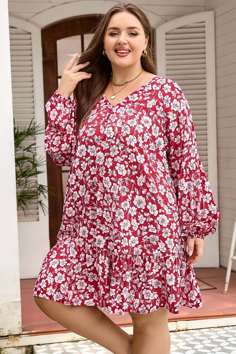 purple plus floral balloon sleeve v neck relaxed dress for women casual everyday outfit