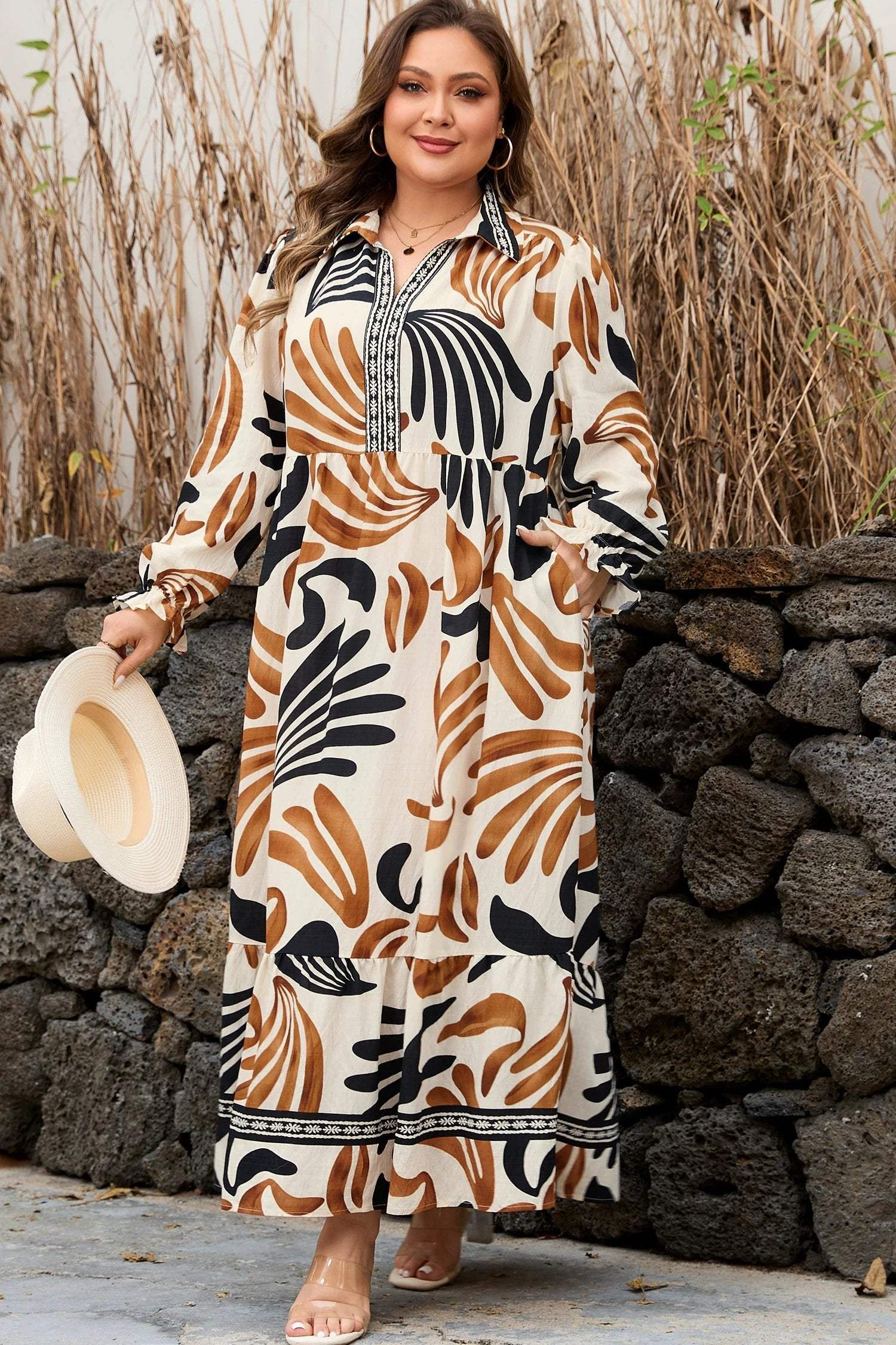 Plus size boho chic abstract print long shift dress with contrast collar