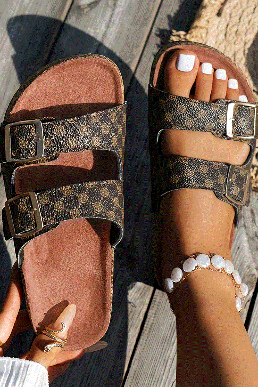 Mom Vibe geometric print PU leather flat slip-on sandals with adjustable buckles and cushioned footbed for casual comfort