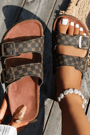 Mom Vibe geometric print PU leather flat slip-on sandals with adjustable buckles and cushioned footbed for casual comfort