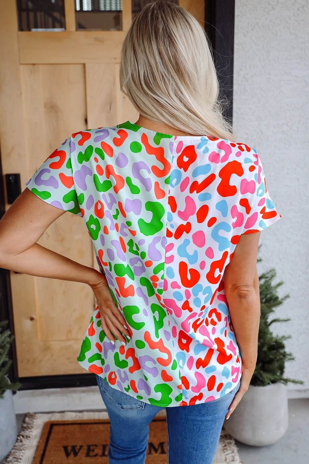 green contrast leopard print v neck short sleeve blouse for women casual everyday outfit