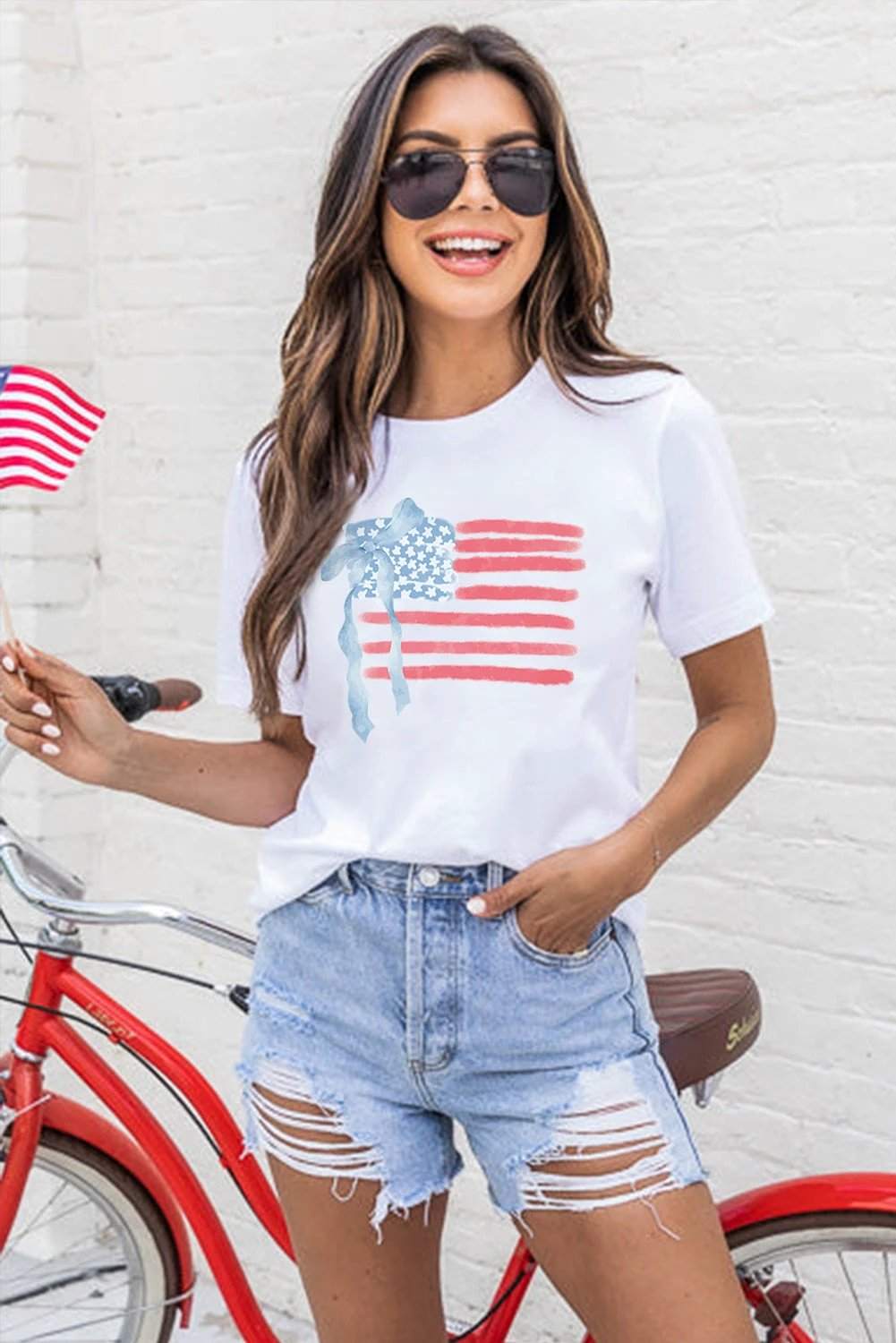 white american flag bow knot print crew neck t shirt for women casual everyday outfit