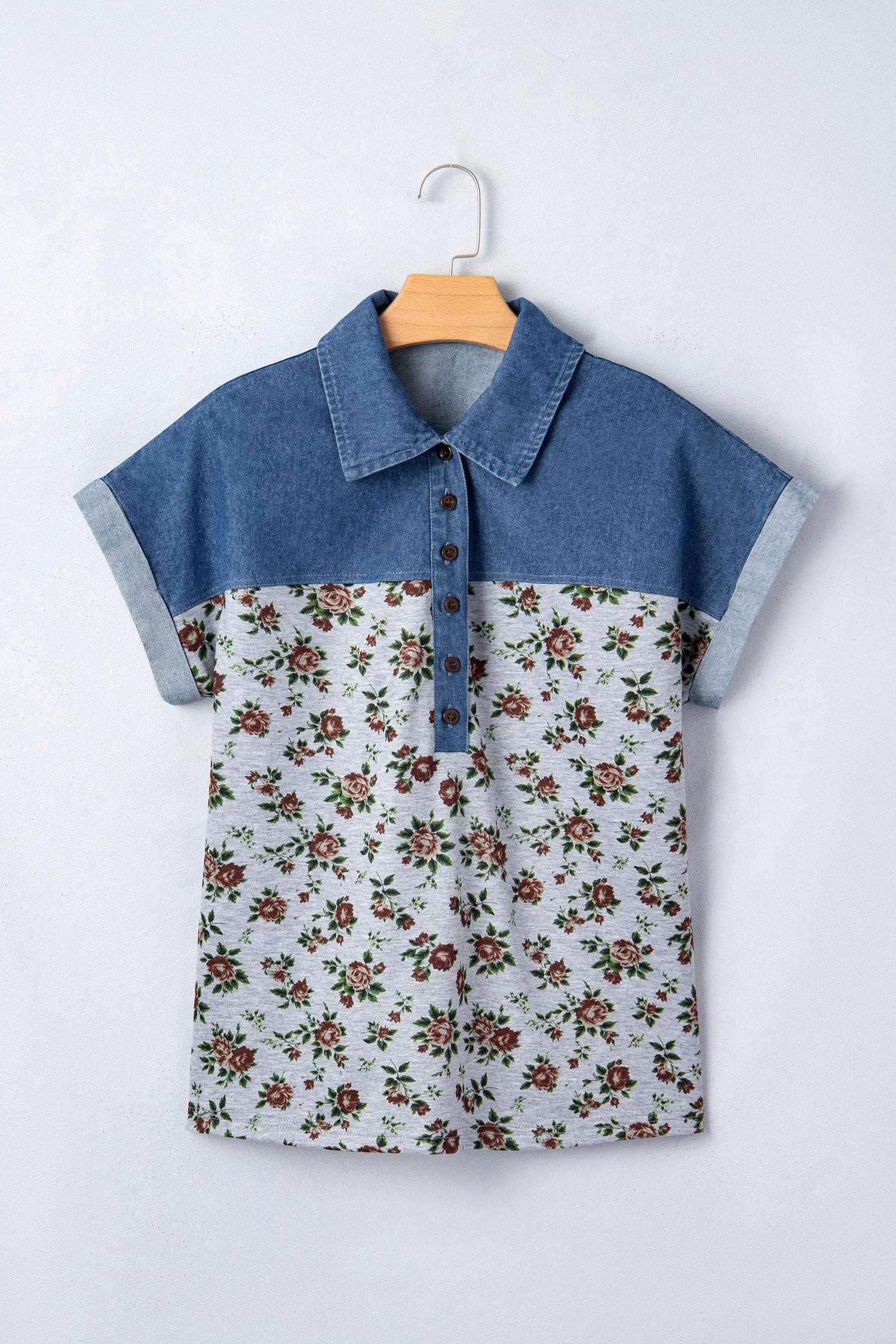 Denim patchwork floral polo collar top with button detail for women