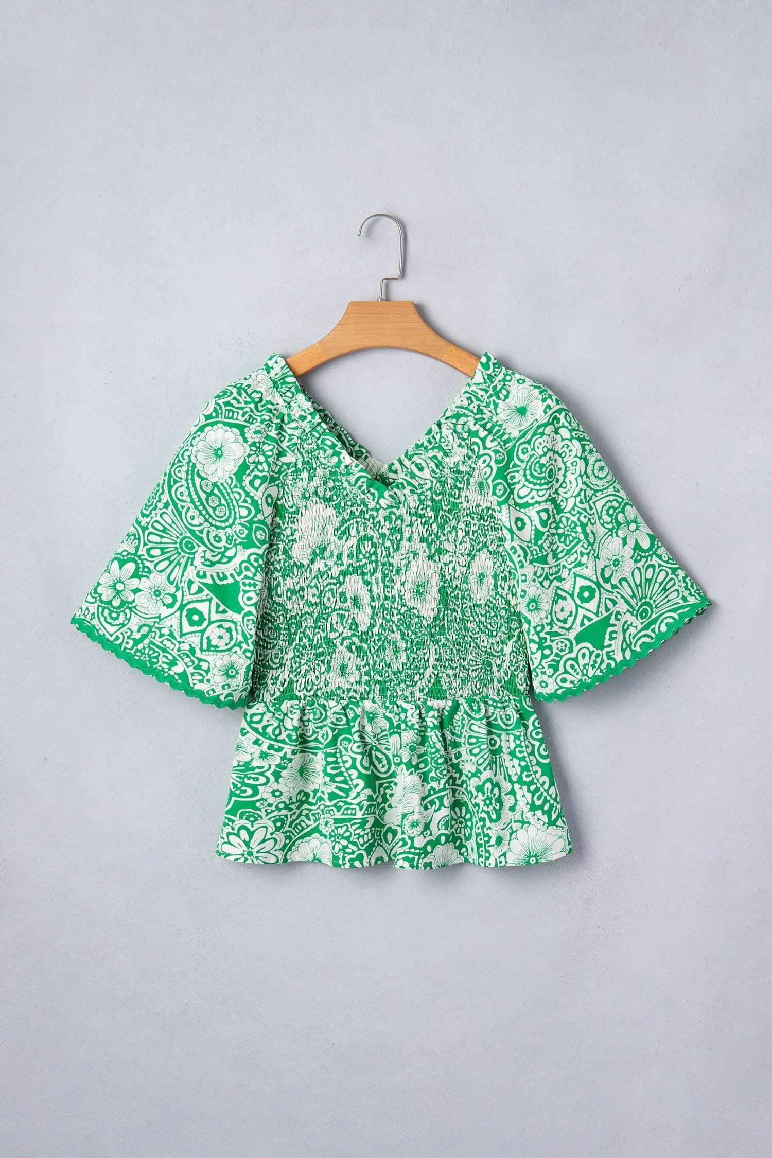 Dear-Lover Dropshipping Green Flirty Floral Smocked V Neck Blouse - Tops/Blouses & Shirts