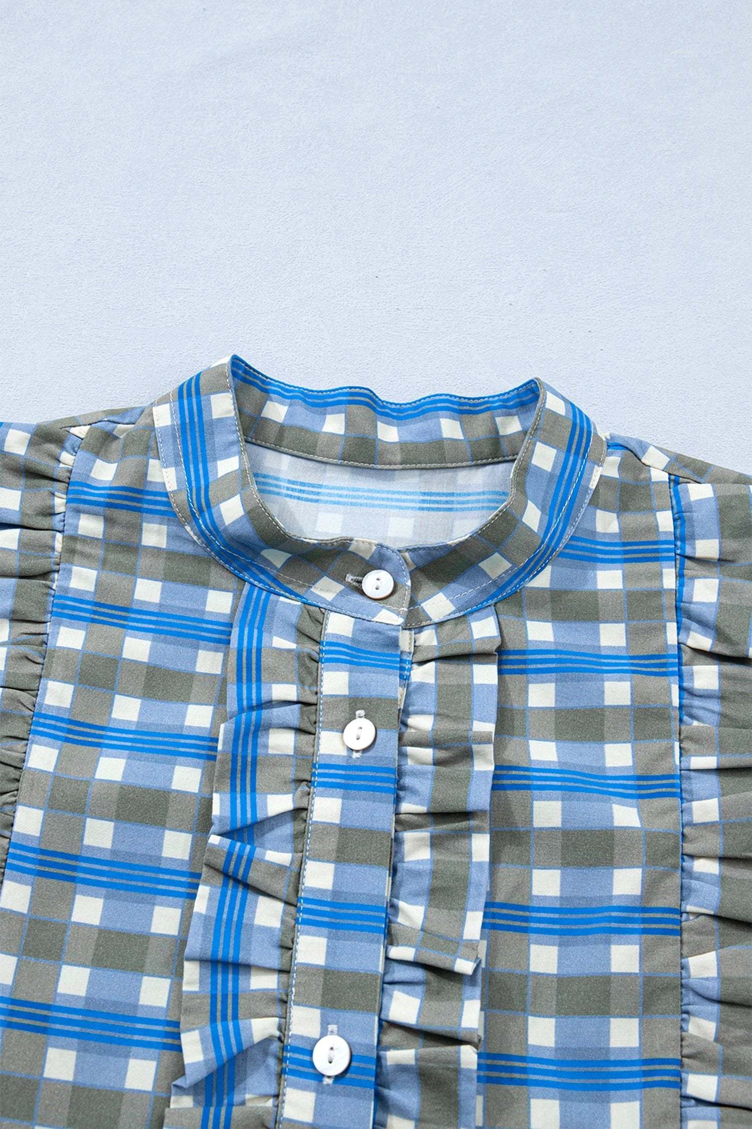 sky blue plaid long sleeve frilled detail half button blouse for women casual everyday outfit