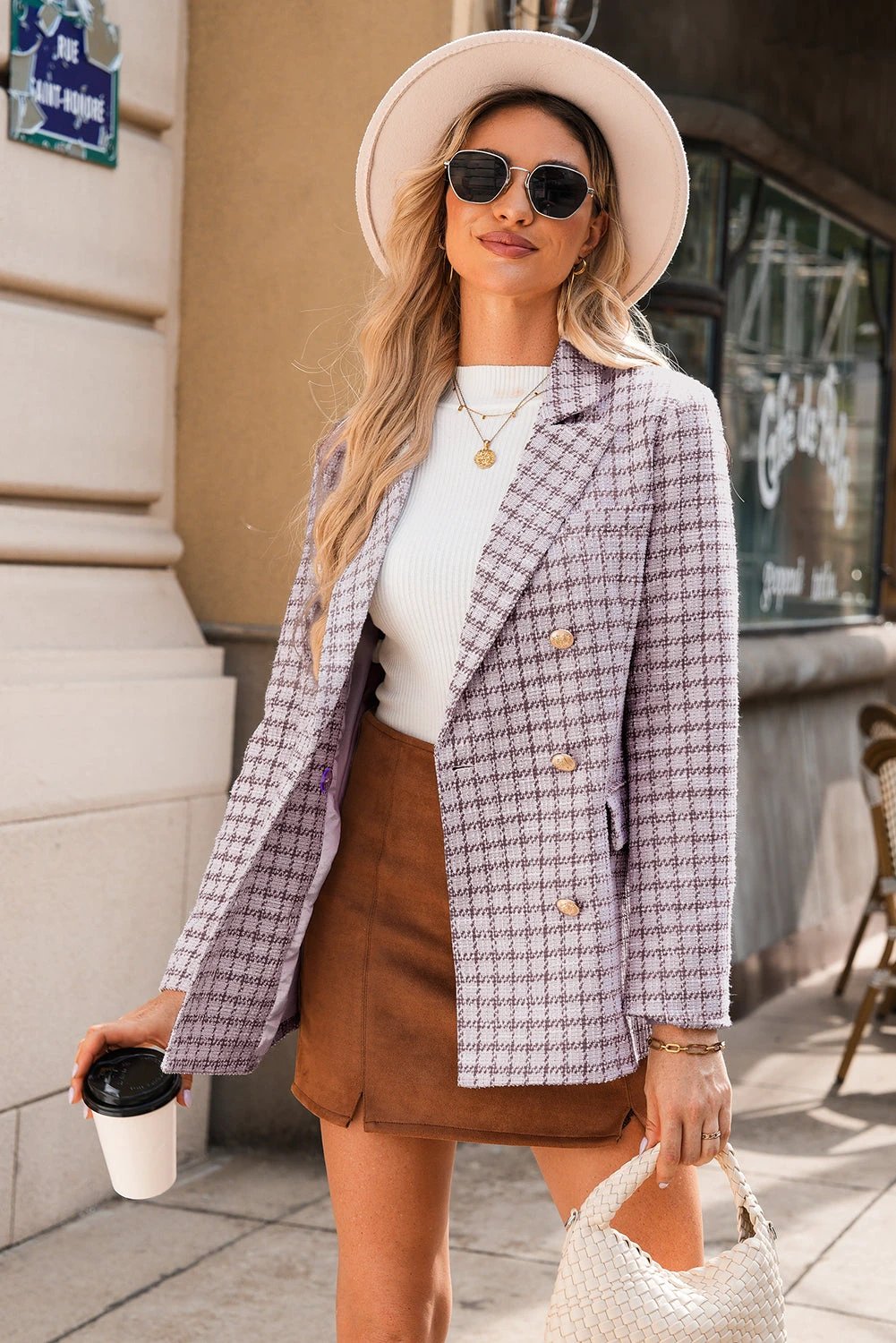 Burgundy elegant tweed plaid blazer with gold buttons and double-breasted design