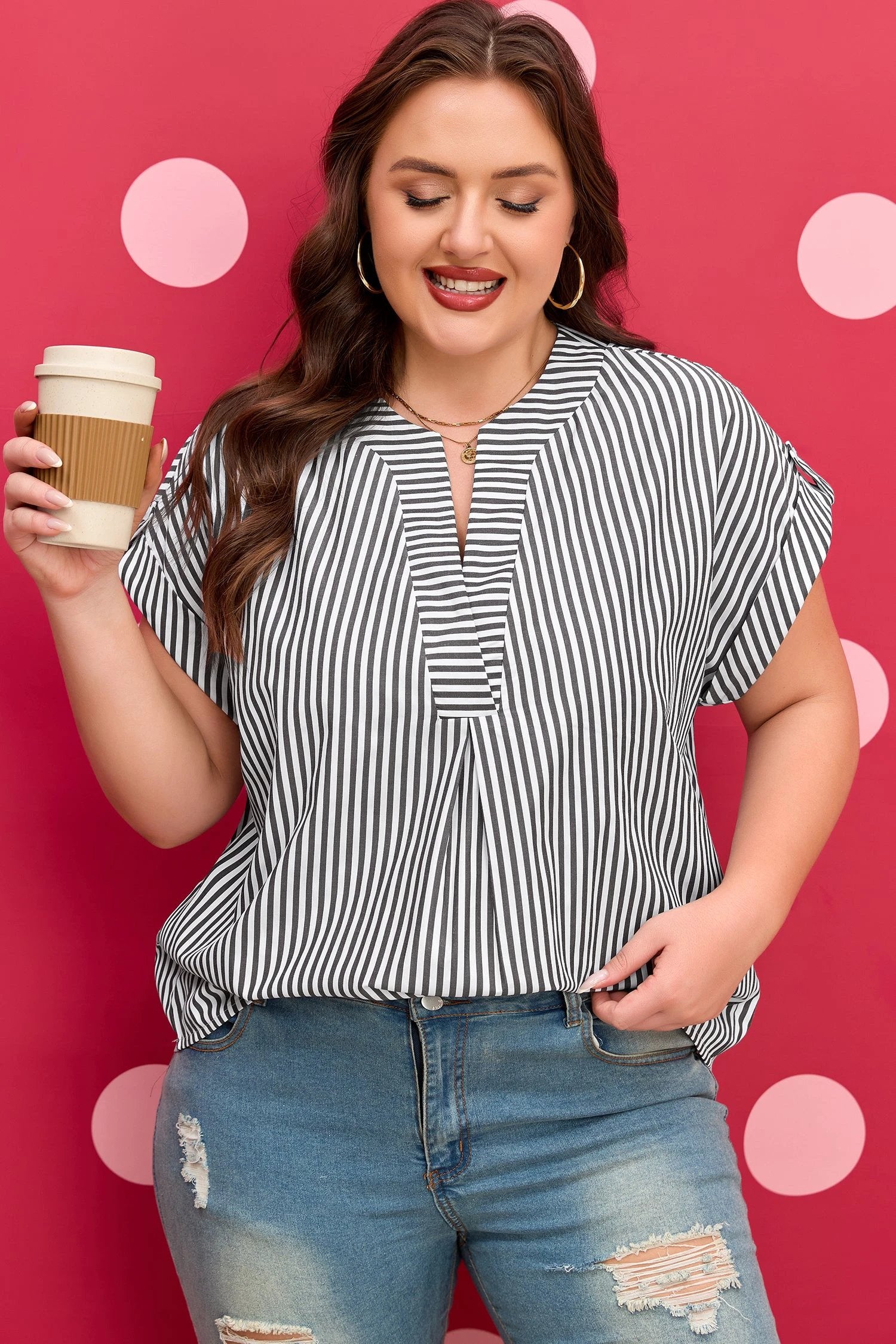Dear-Lover Dropshipping Black Stripe Plus Size V Neck Roll-tab Short Dolman Sleeve Blouse - Plus Size/Plus Size Tops/Plus Size Blouses & Shirts