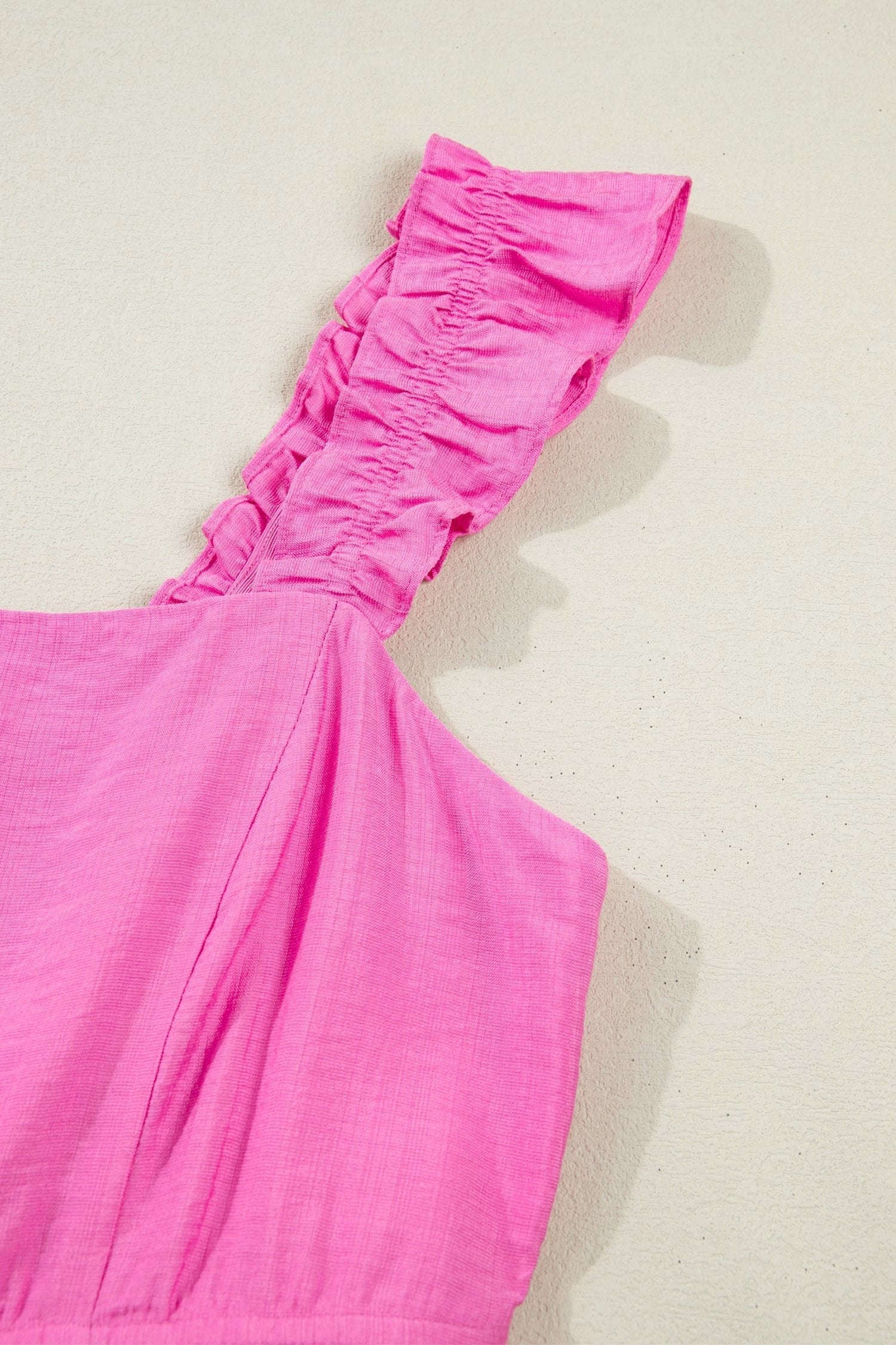 Pink ruffle trim high-waist sleeveless maxi dress from Southern Charm collection, Bonbon solid color