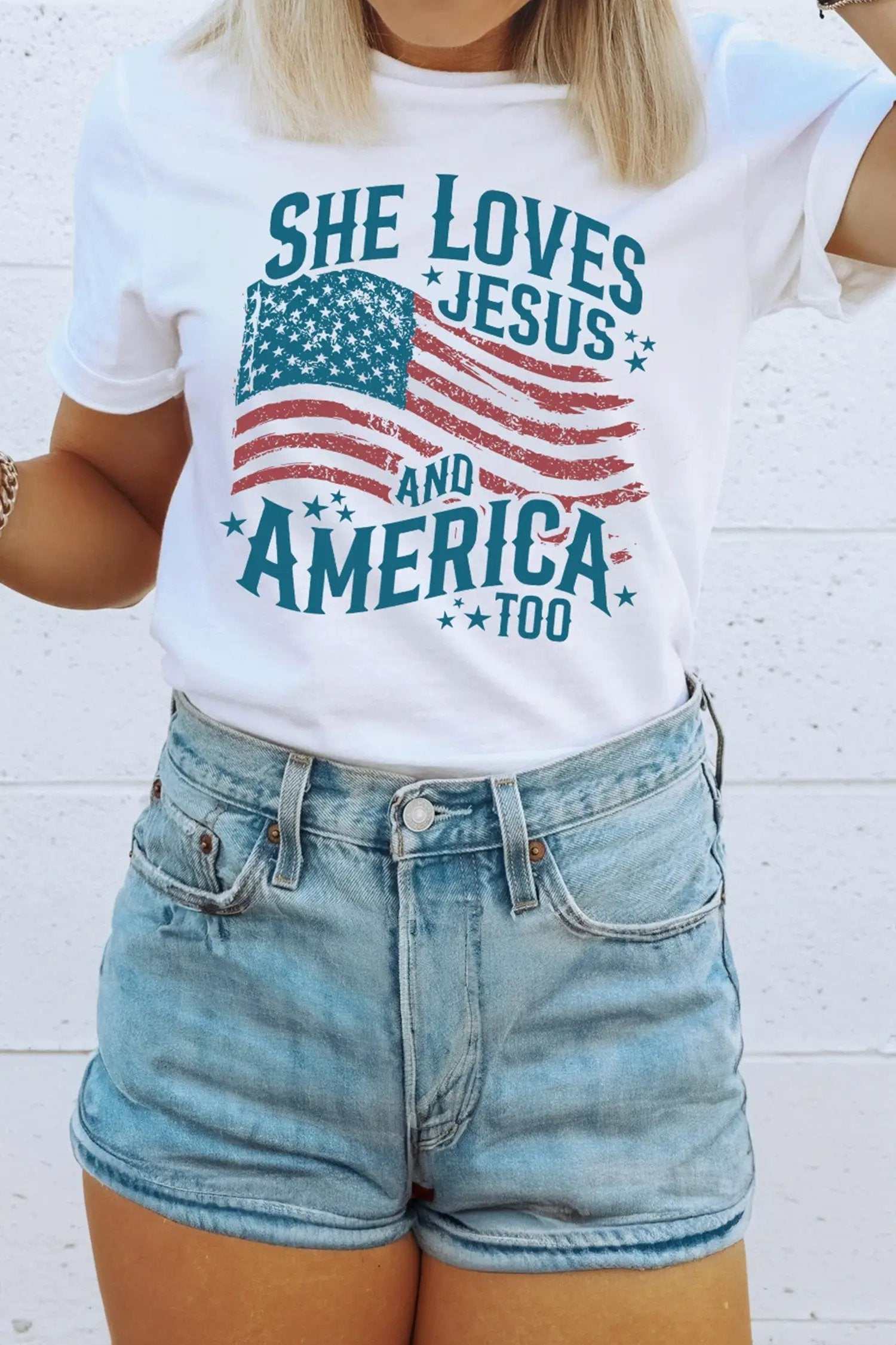 Patriotic Graphic Tee She Loves Jesus and America flag casual shirt
