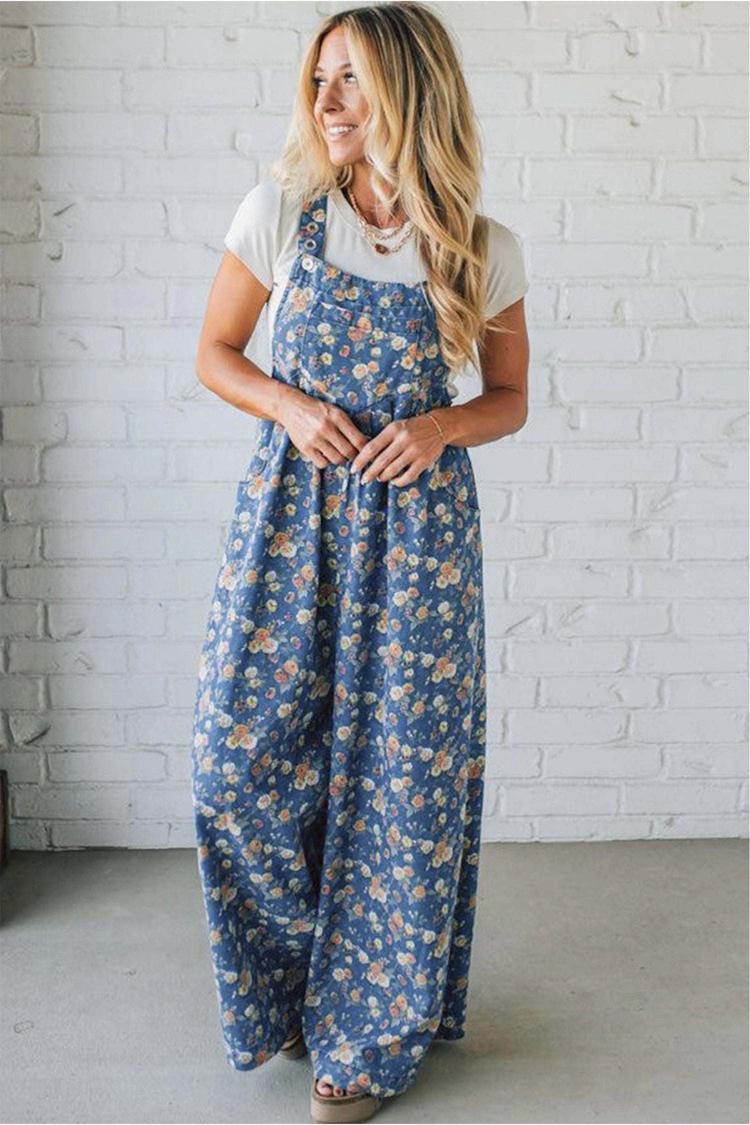 blue vintage rose printed pleated loose denim overall jumpsuit for women casual everyday outfit