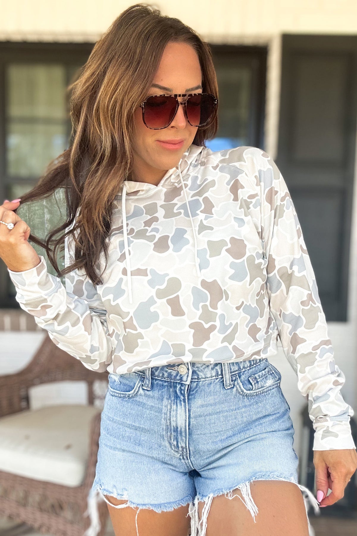 Camouflage Print Relaxed Drawstring Hoodie
