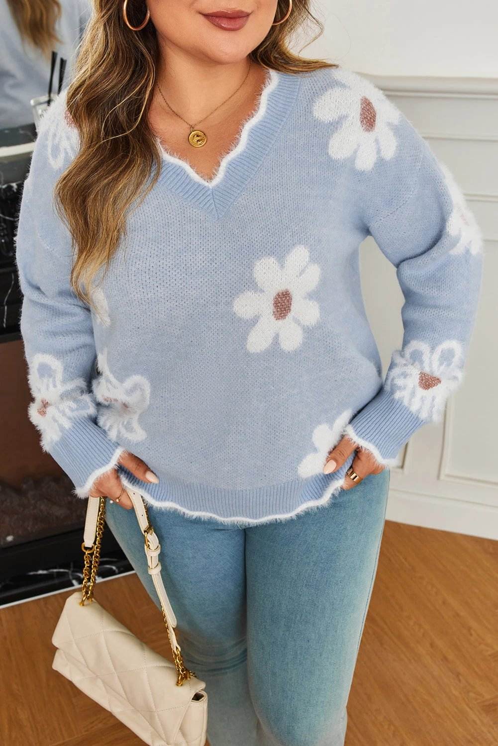 gray fuzzy flower scalloped v neck plus sweater for women casual everyday outfit