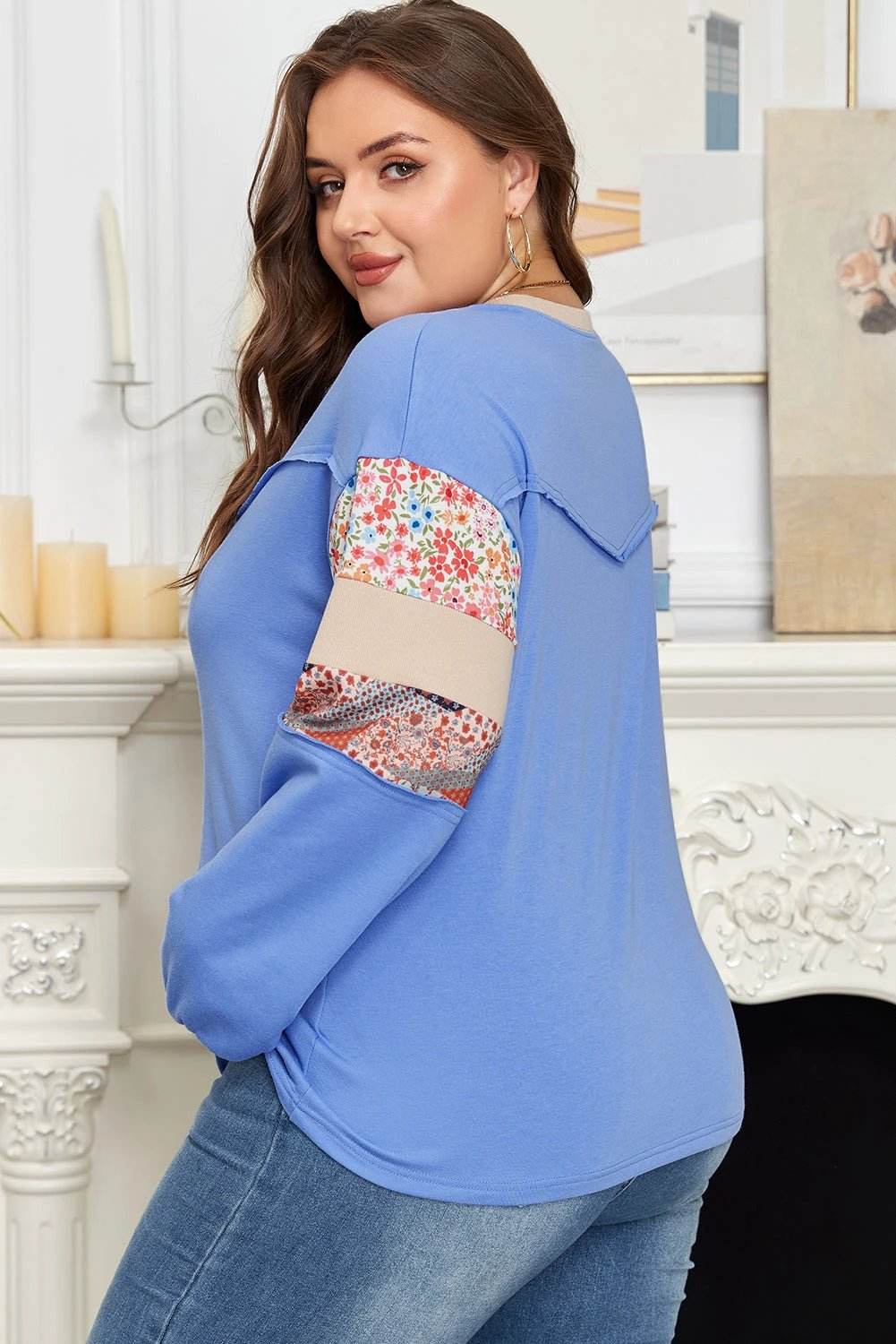 Plus size Mom Confidence boho floral mixed print relaxed top with exposed seam patchwork