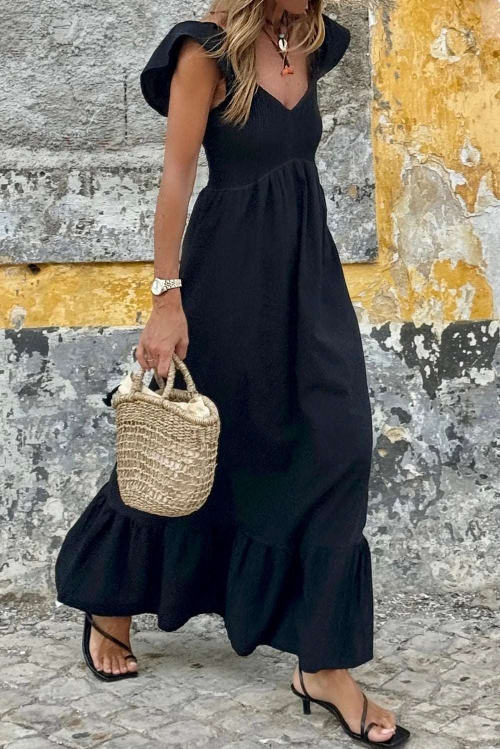 High Waist Maxi Dress with V-neck flutter sleeves smocked bodice and ruffle hem