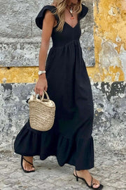 High Waist Maxi Dress with V-neck flutter sleeves smocked bodice and ruffle hem