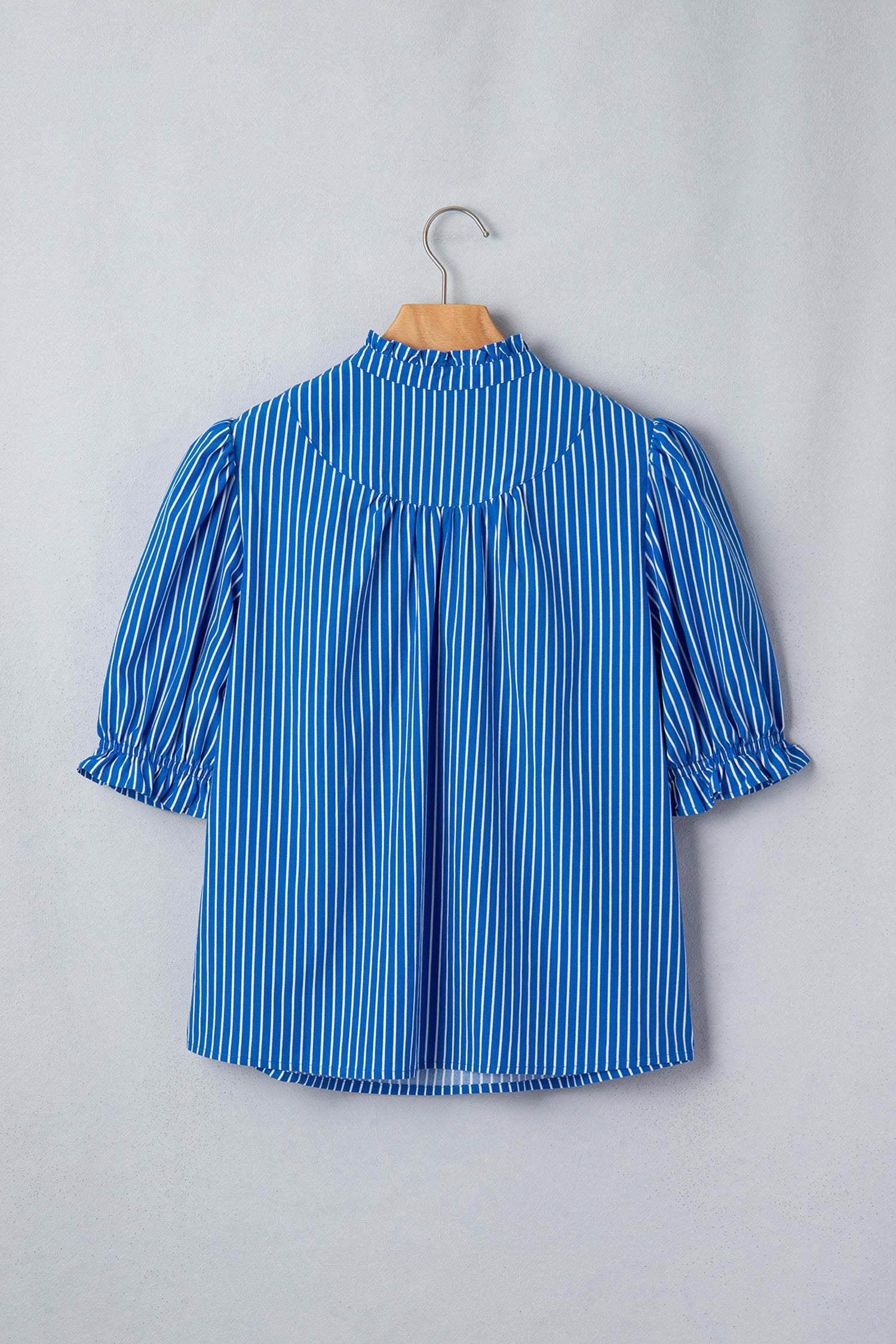 Stripe Button Front Blouse with Ruffles and Puff Sleeves