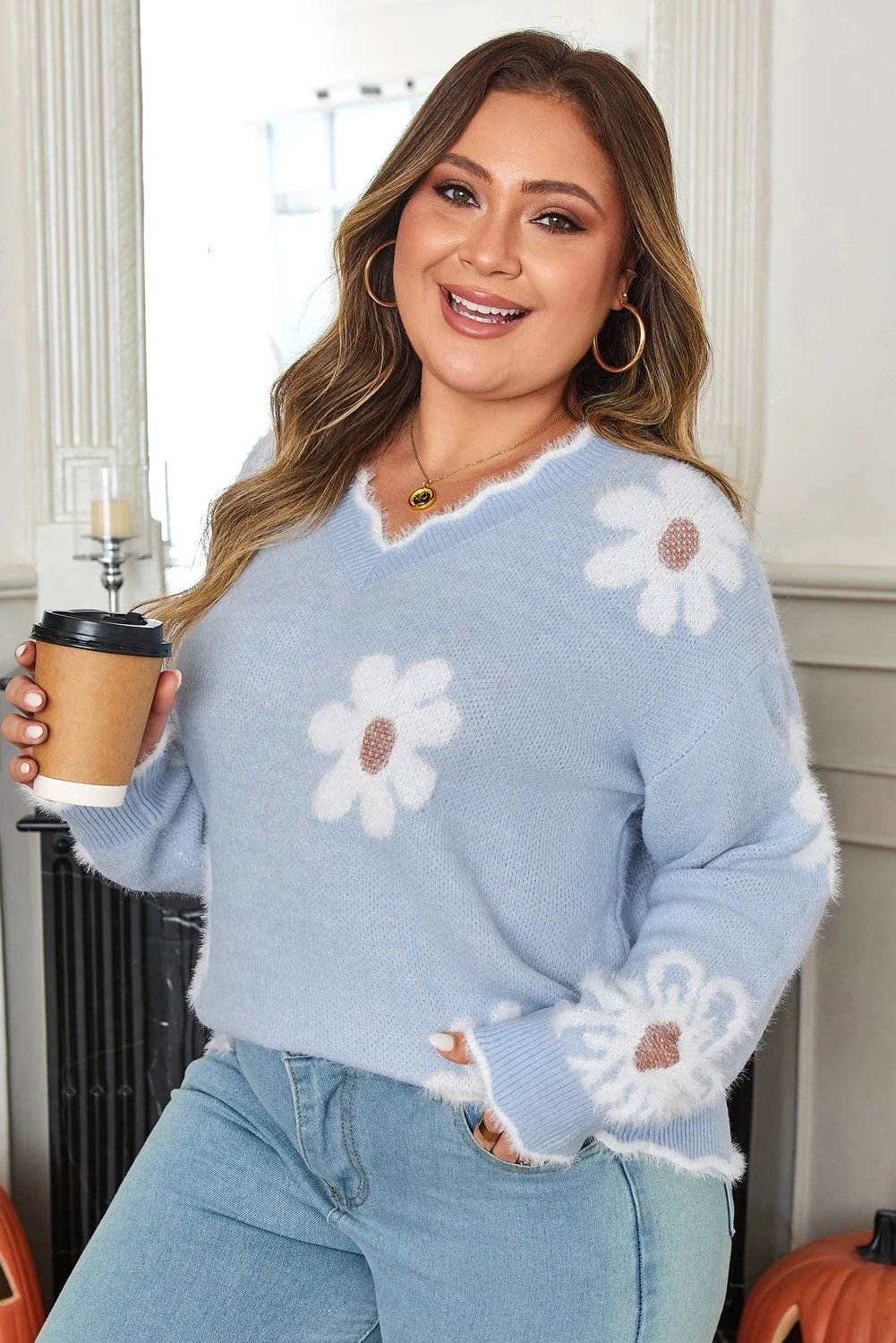 gray fuzzy flower scalloped v neck plus sweater for women casual everyday outfit