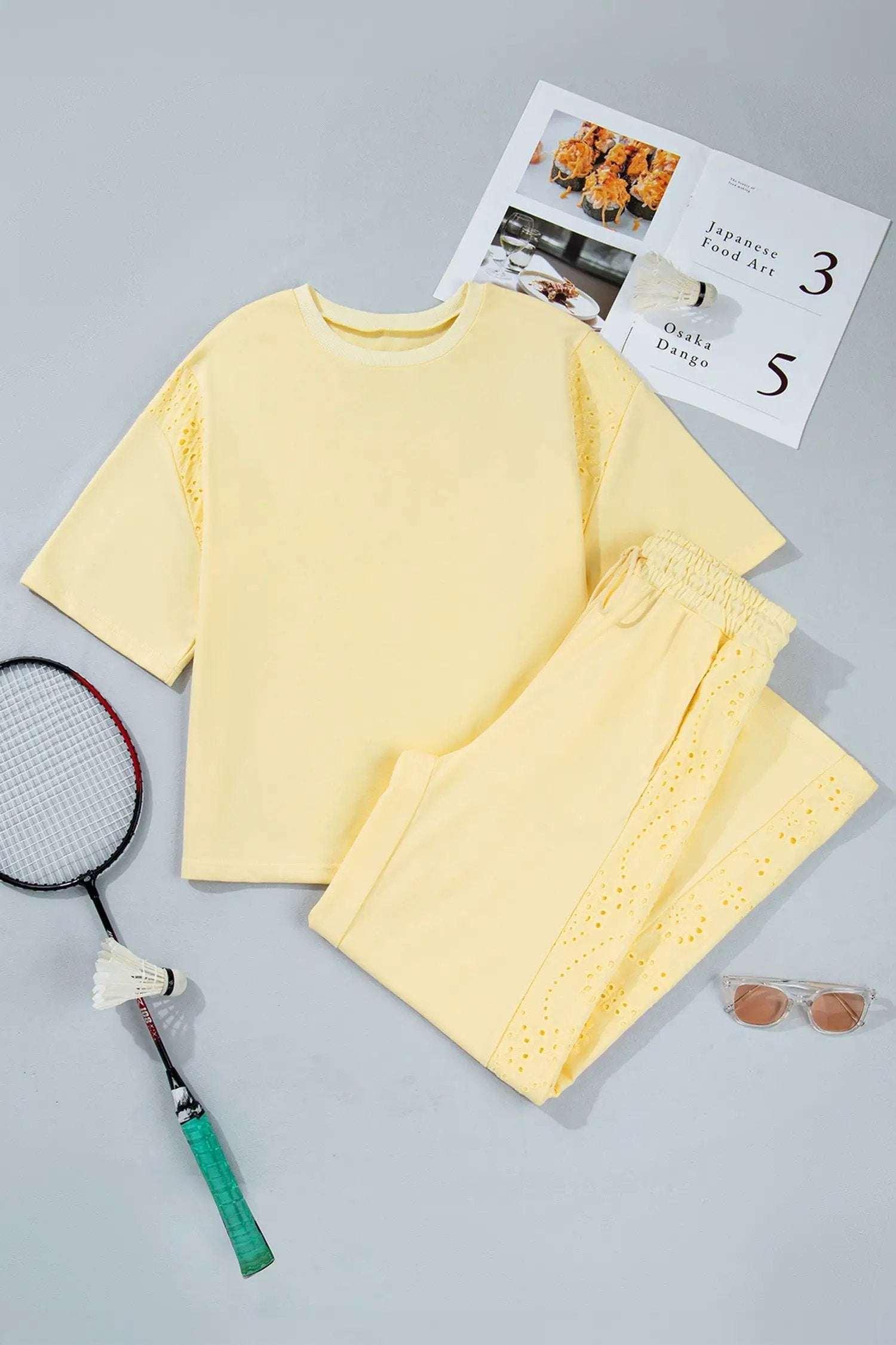Two-Piece Lace Outfit Set with patchwork top and elastic-waist pants