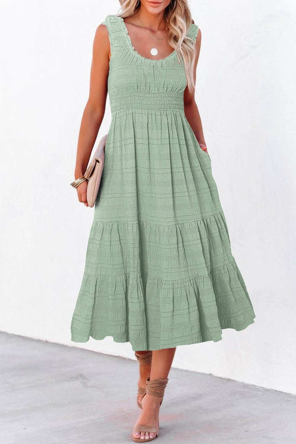 Sleeveless Midi Dress with shirred pleated square-neck bodice and tiered skirt