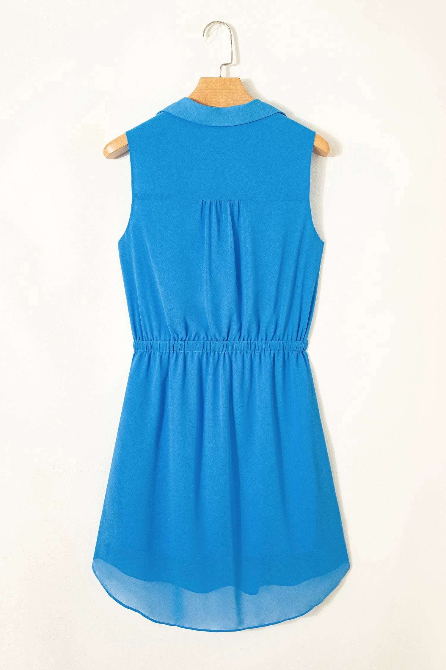 blue half buttons collared elastic waist sleeveless shirt dress for women casual everyday outfit