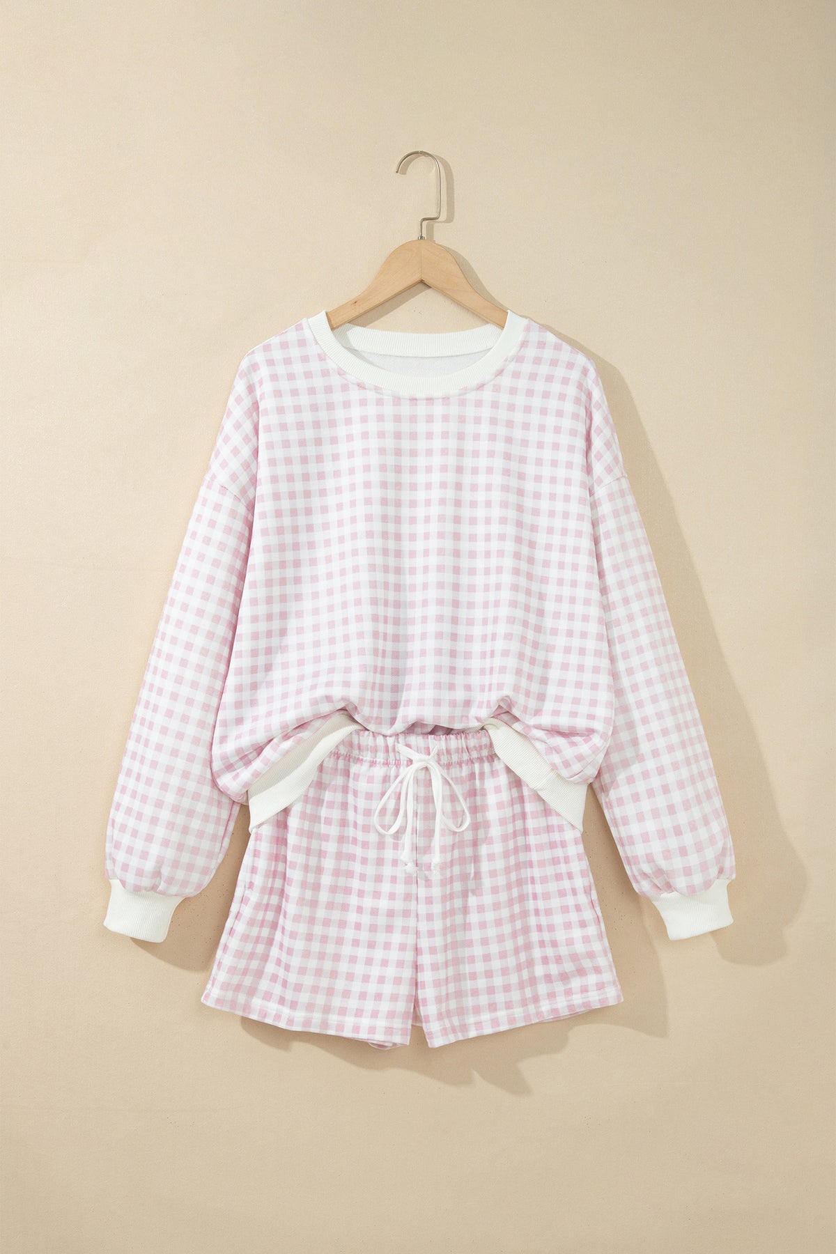Plaid Baggy Pullover Drawstring Casual Shorts Two-Piece Set