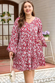 Plus size purple floral midi dress with V-neck and balloon sleeves