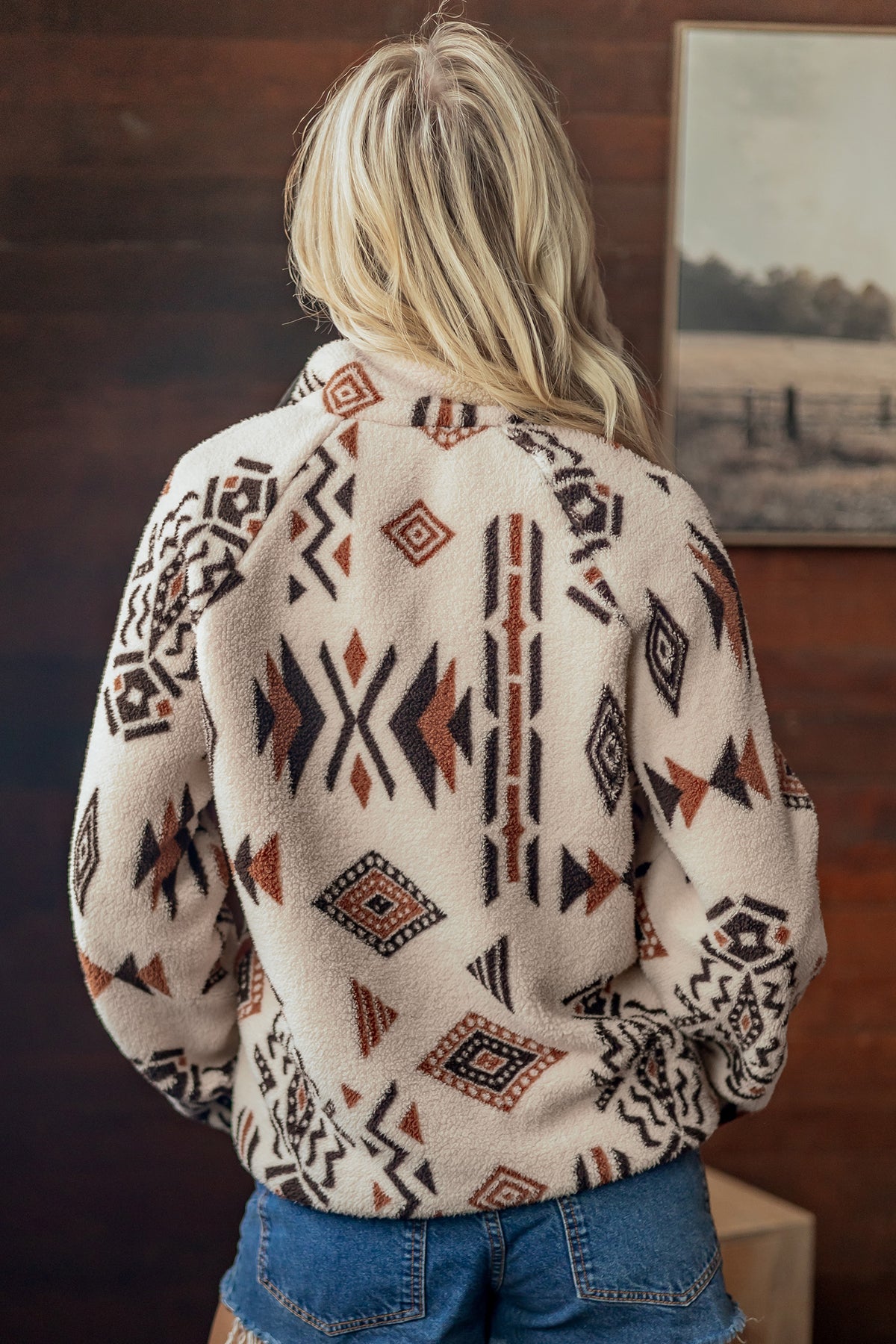 Geometric Print Long Sleeve Shirt Collar Zip-Up Placket Binding Tape Jacket