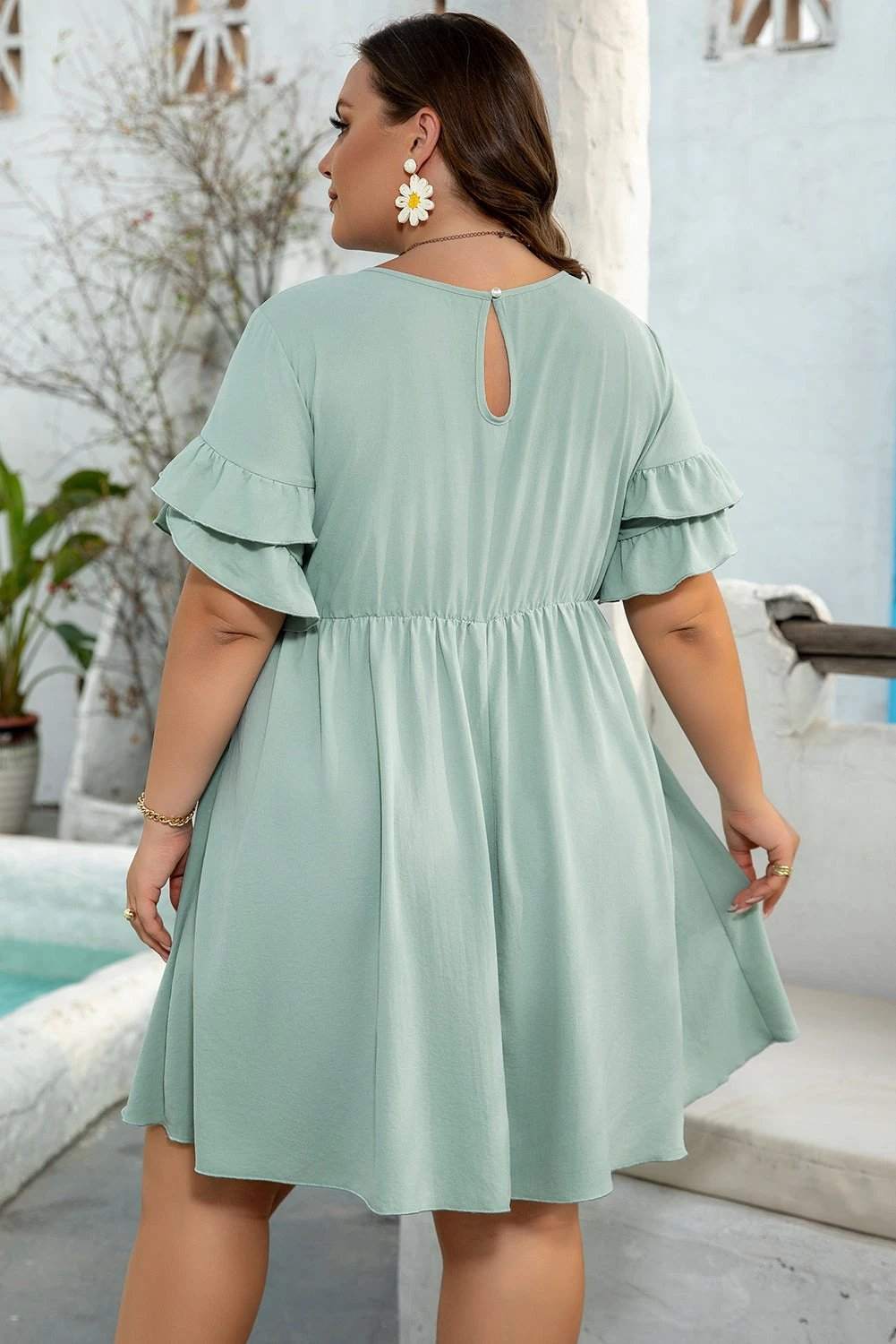 Plus size mint green Effortless Glow ruffle trim short sleeve flared mini dress