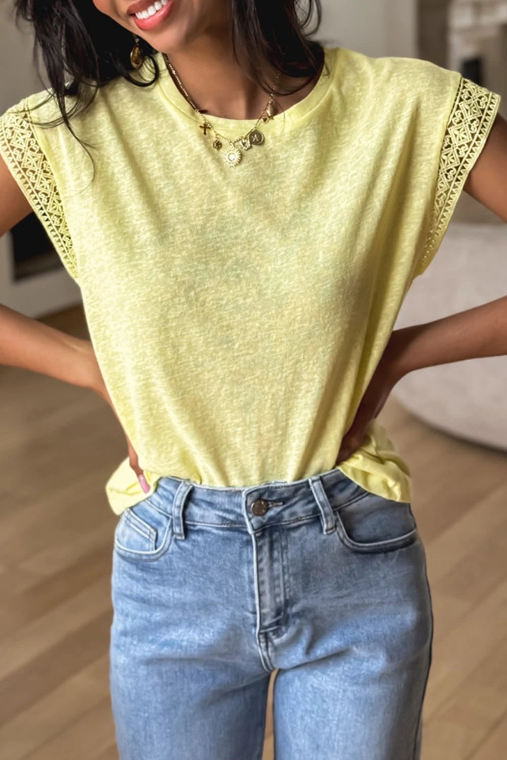 yellow cream lace patchwork cap sleeve round neck t shirt for women casual everyday outfit