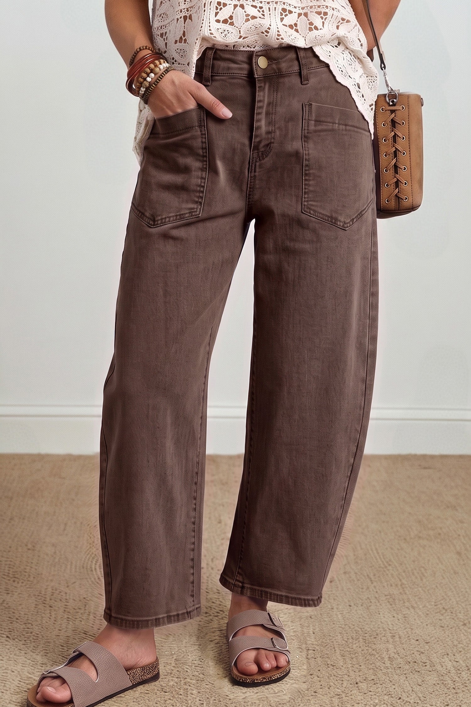 Solid Color Square Patch Pocket Ankle-length Barrel Jeans