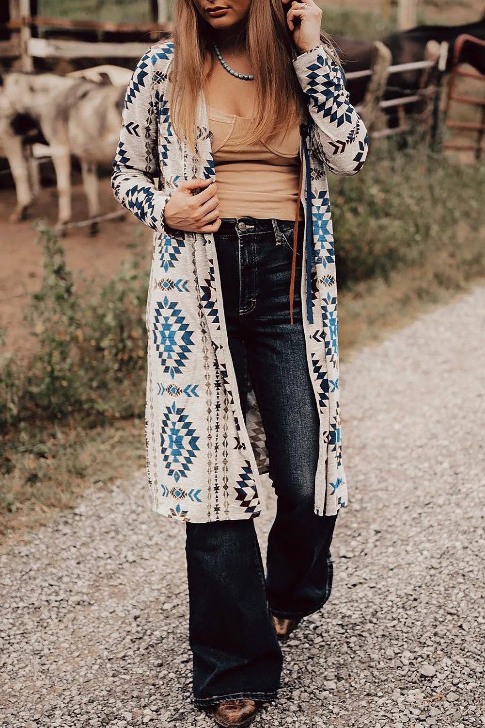 Western Vibes | Boho Western Vibe Aztec Print Long Cardigan for Women
