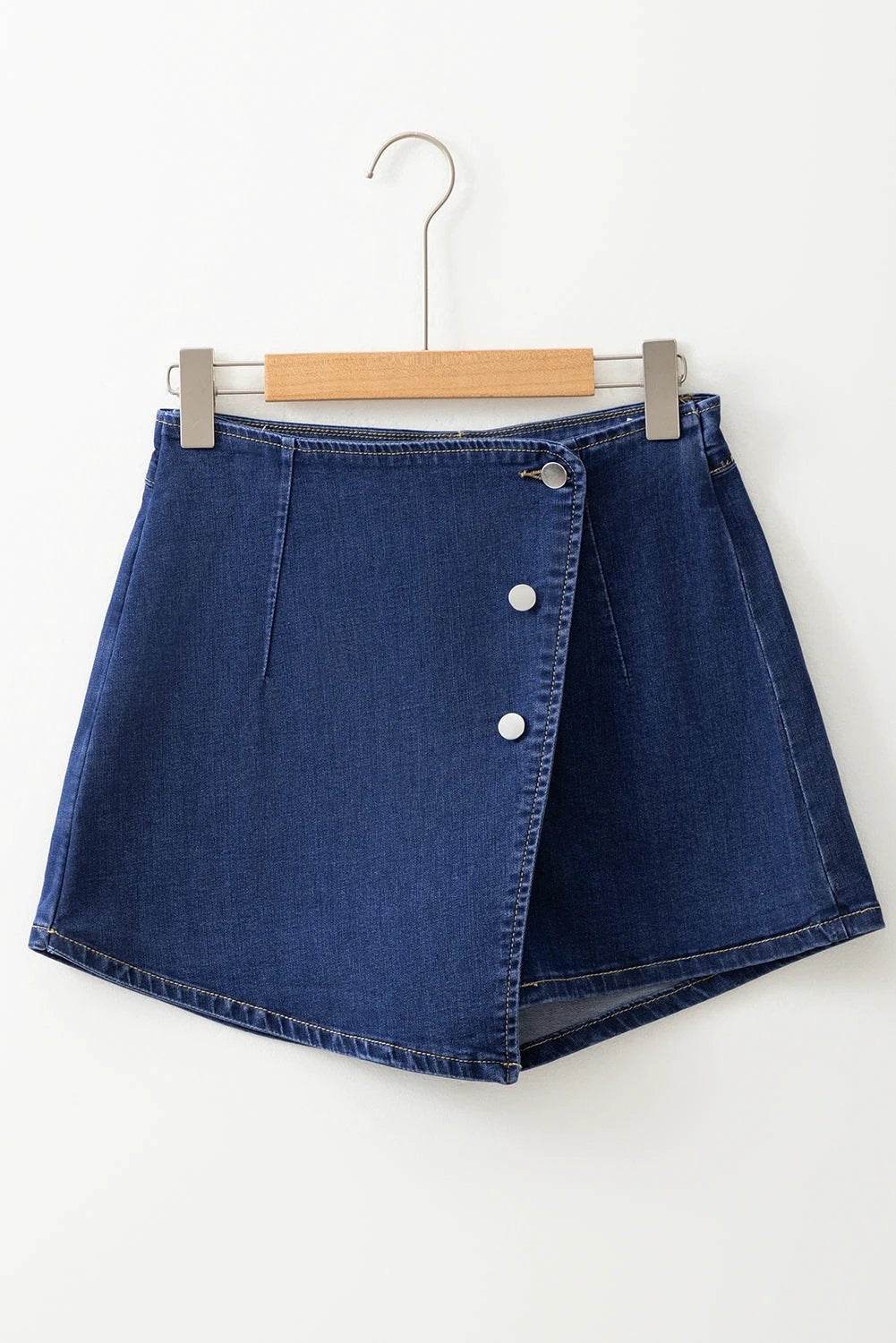 bluing asymmetric wrapped buttoned high waist denim shorts for women casual everyday outfit
