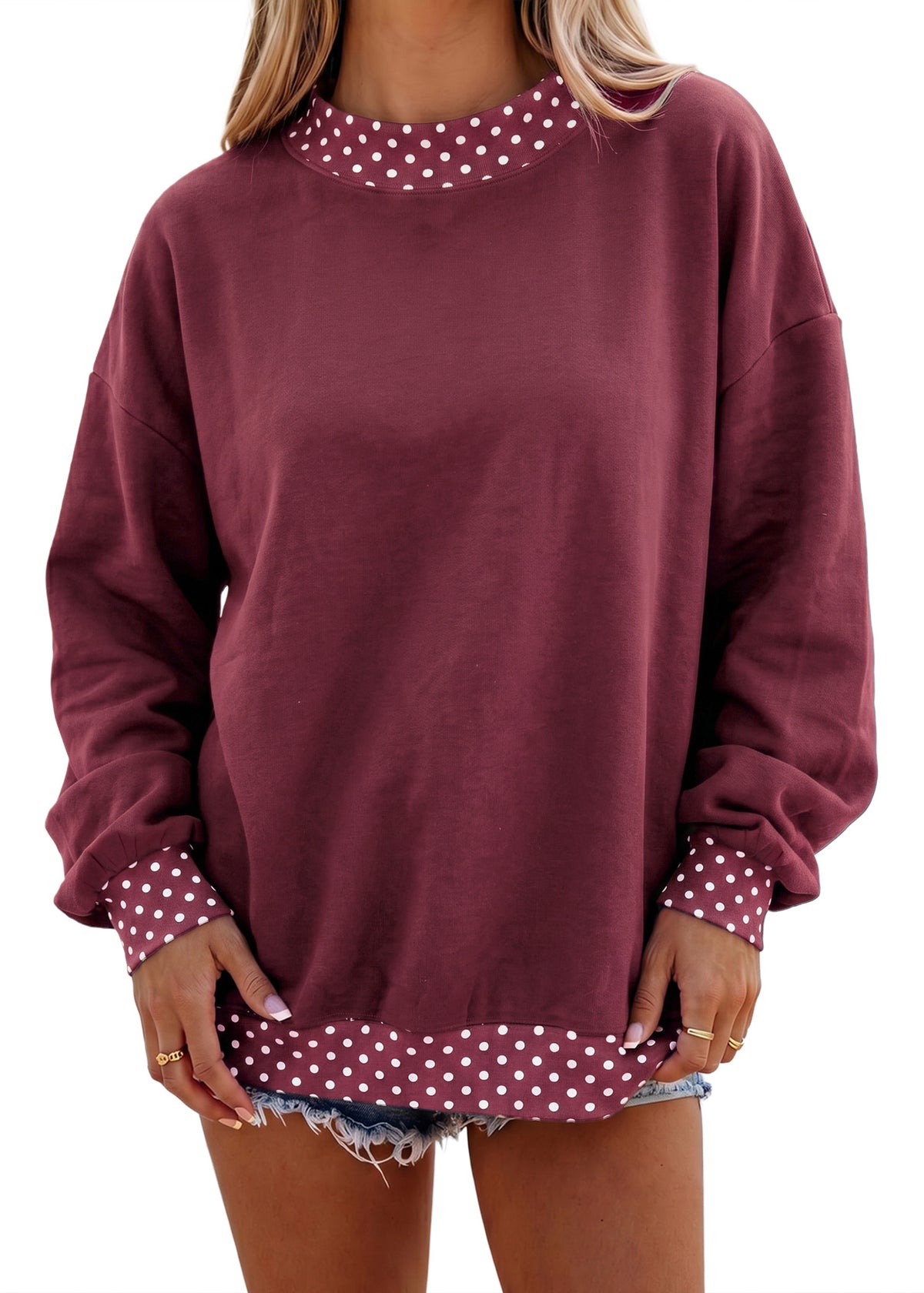 Orange Colorblock Polka Dot Contrast Trim Oversized Sweatshirt