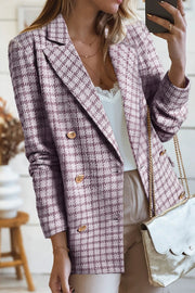 Burgundy elegant tweed plaid blazer with gold buttons and double-breasted design for polished outerwear look