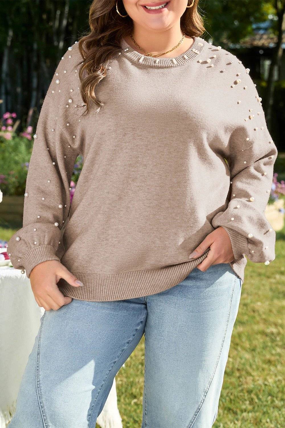 Plus size cozy confidence smoke gray pearled drop shoulder sweater knit