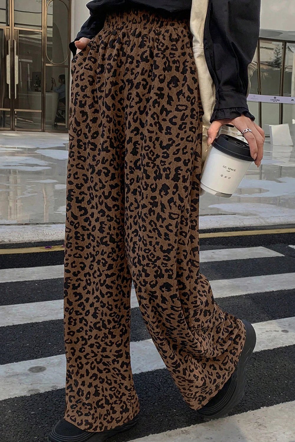 dark brown leopard print elastic high waist loose corduroy pants for women casual everyday outfit