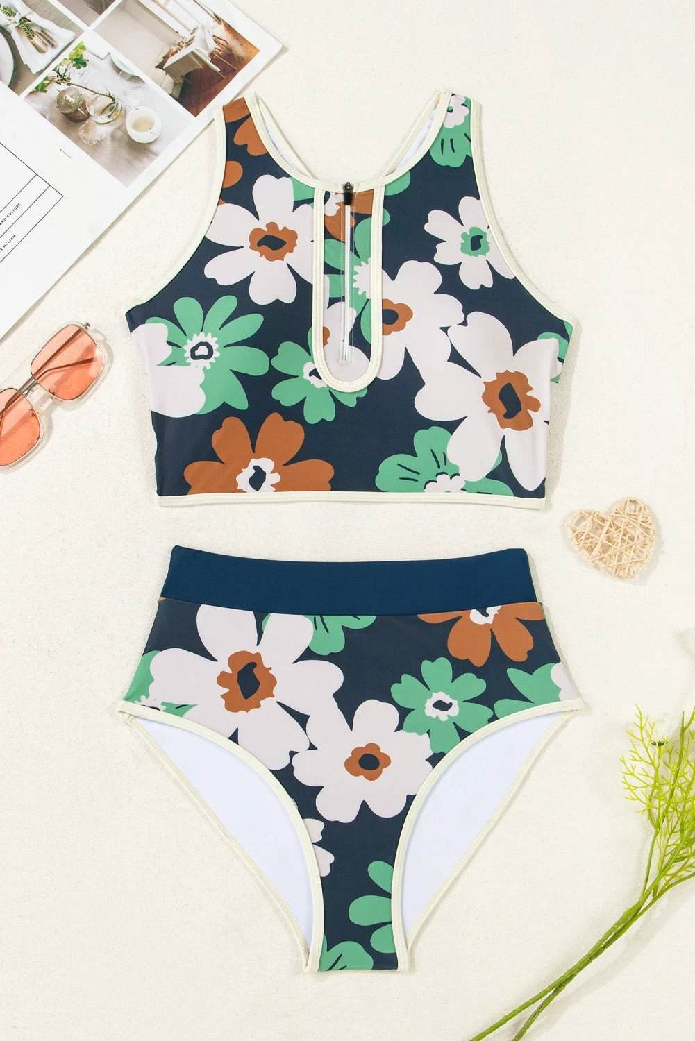 blue flower zip up racerback high waisted bikini for women casual everyday outfit