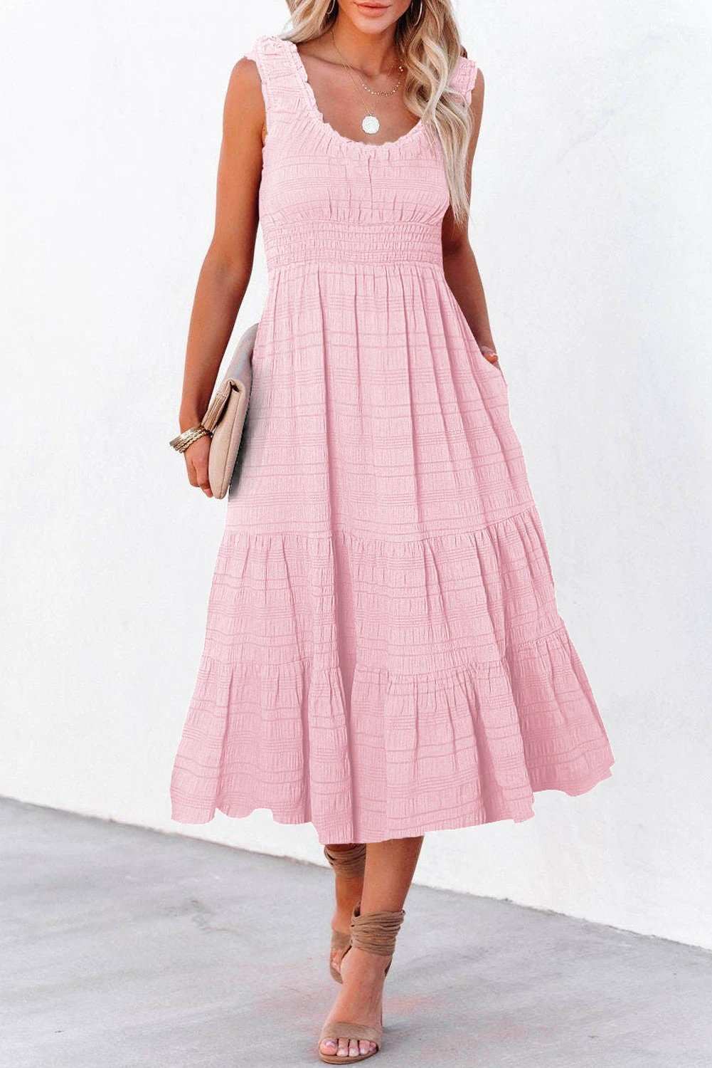 Sleeveless Midi Dress with shirred pleated square-neck bodice and tiered skirt