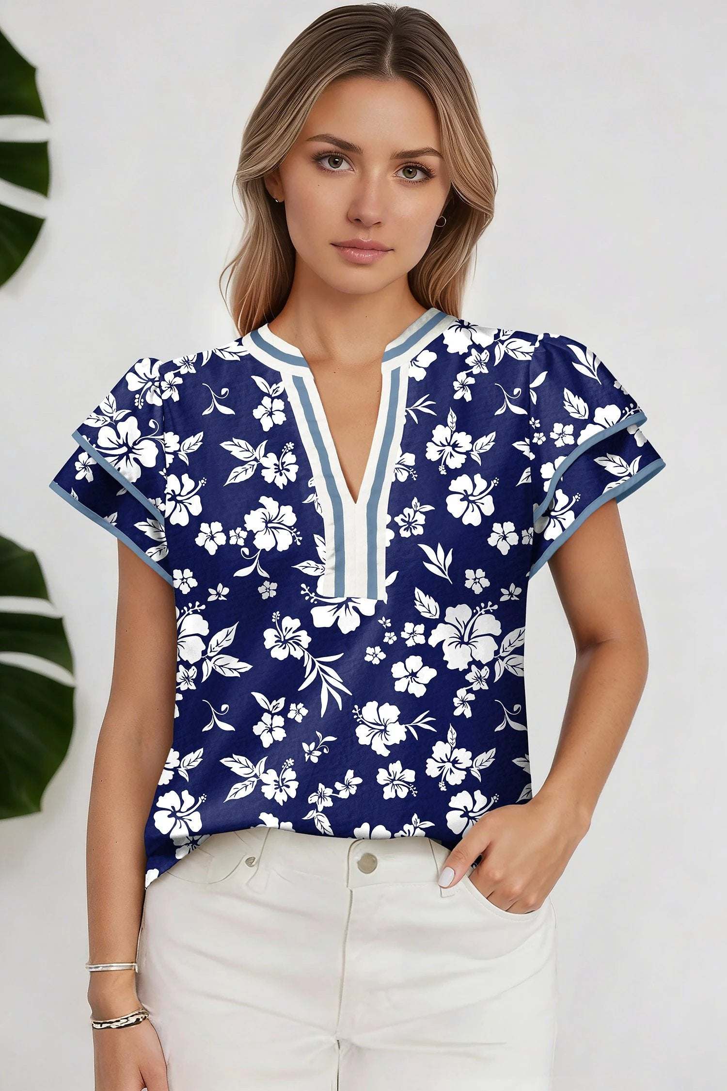 Boho floral split-neck blouse | Floral Print Neck Short Sleeve Blous