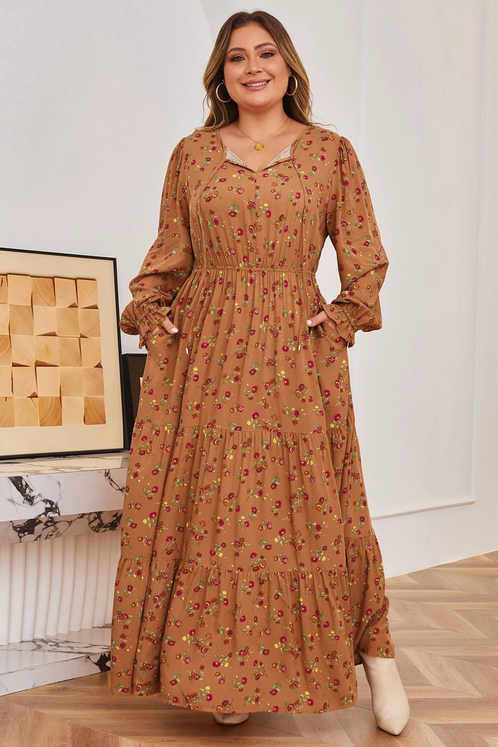 brown plus size floral split v neck ruffled sleeve tiered maxi dress for women casual everyday outfit