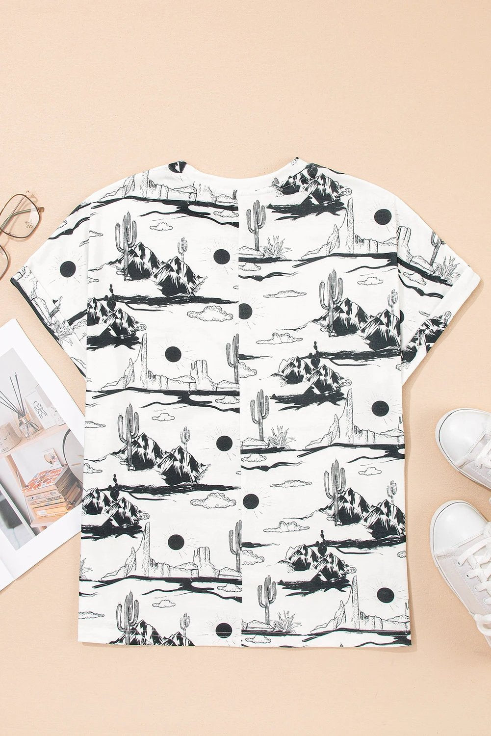 white desert sand print short sleeve knit top for women casual everyday outfit