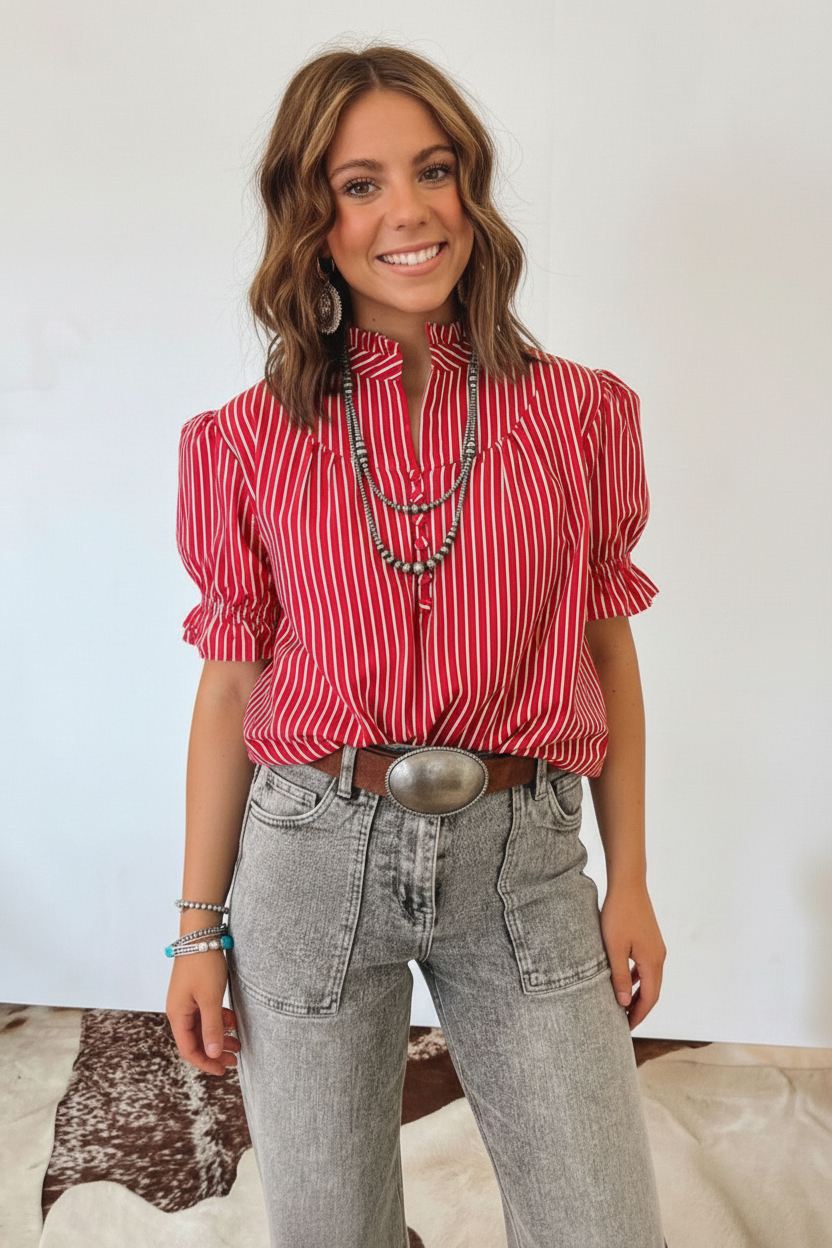 Red Stripe Ruffled Short Puff Sleeve Button Front Blouse