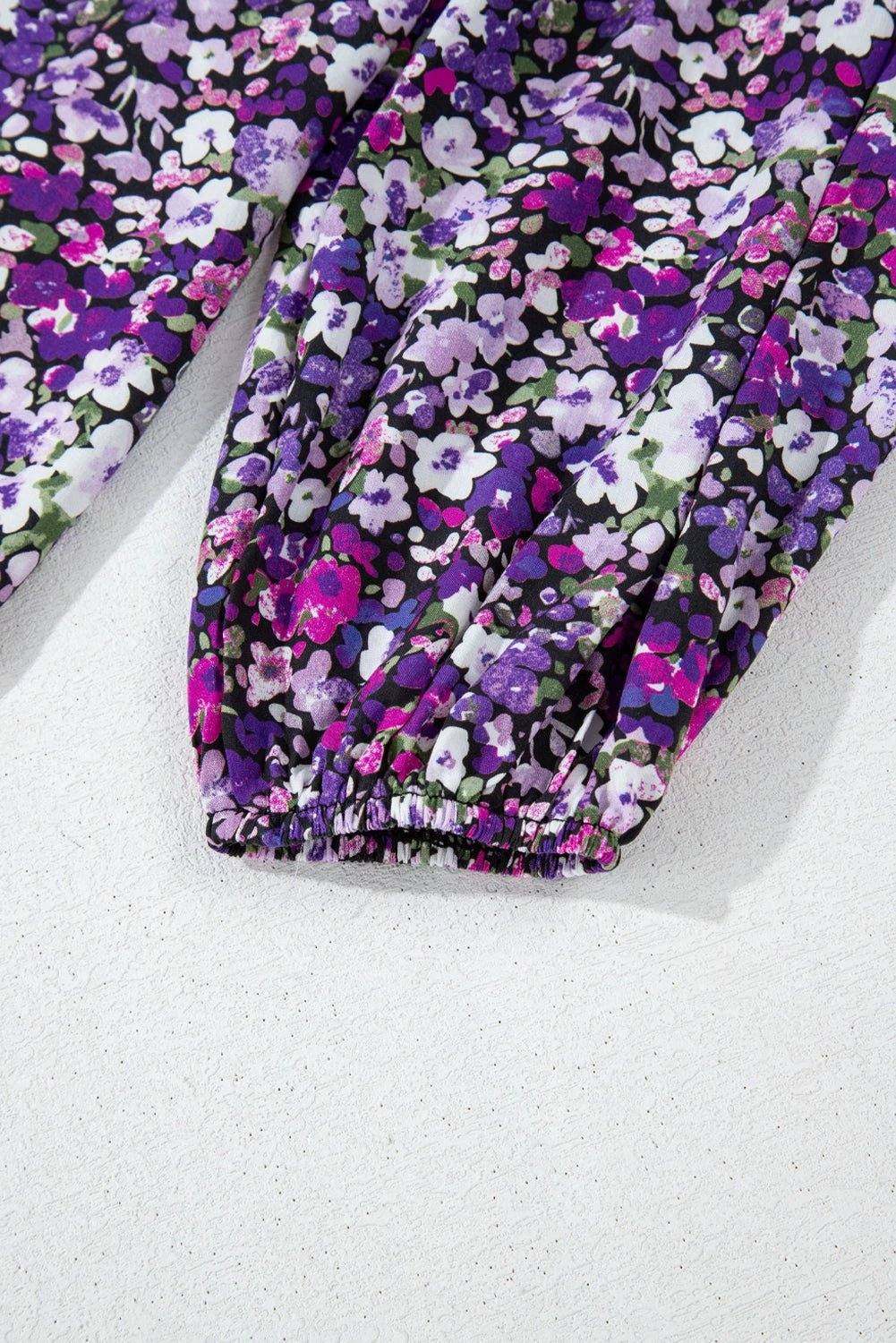 Purple floral Boho Bloom blouse with split V-neck and bubble sleeves
