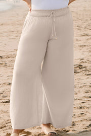 beige smocked high waist wide leg plus size pants for women casual everyday outfit