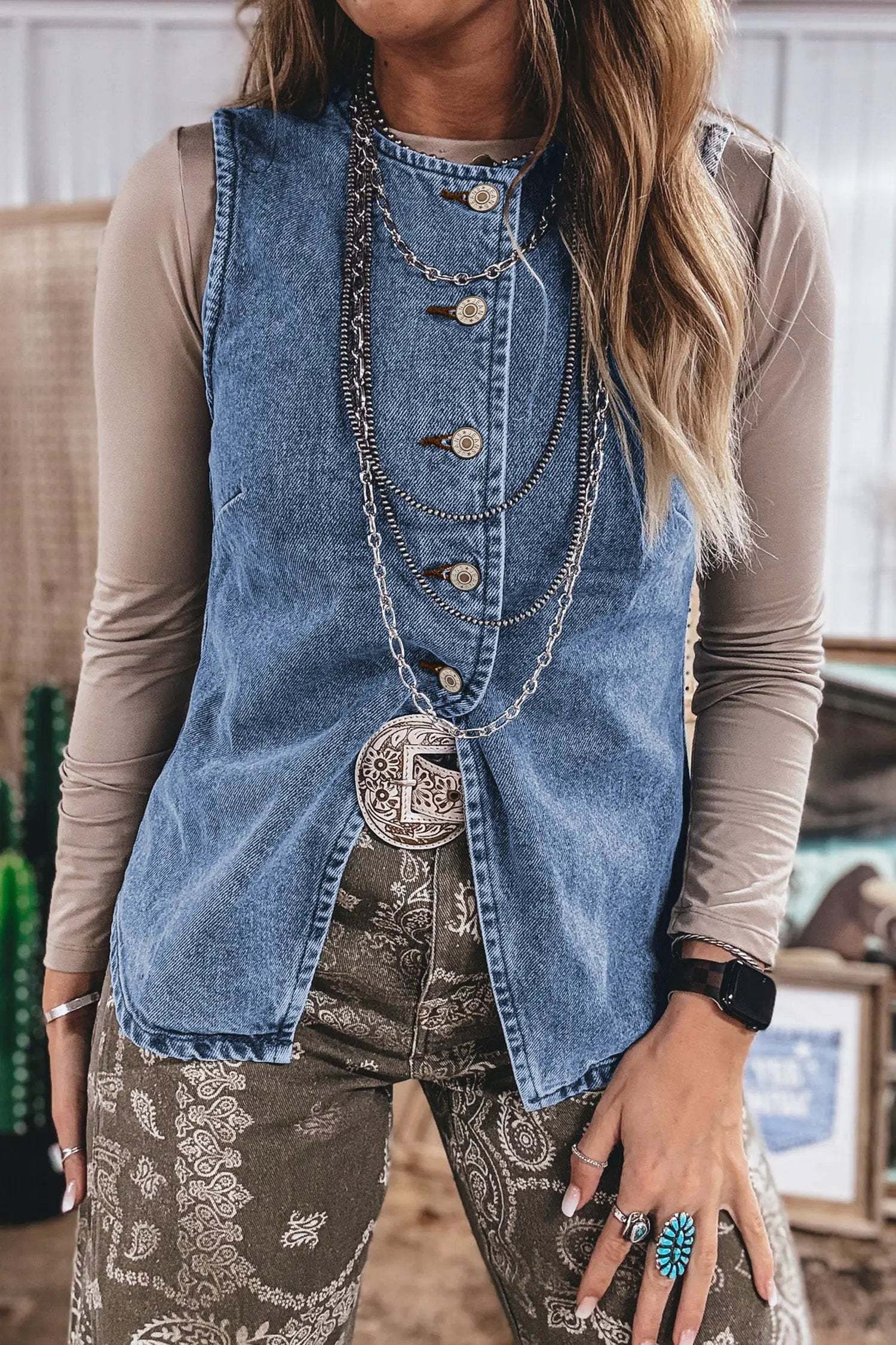 Denim Vest Tee black button front western layering top with front slit