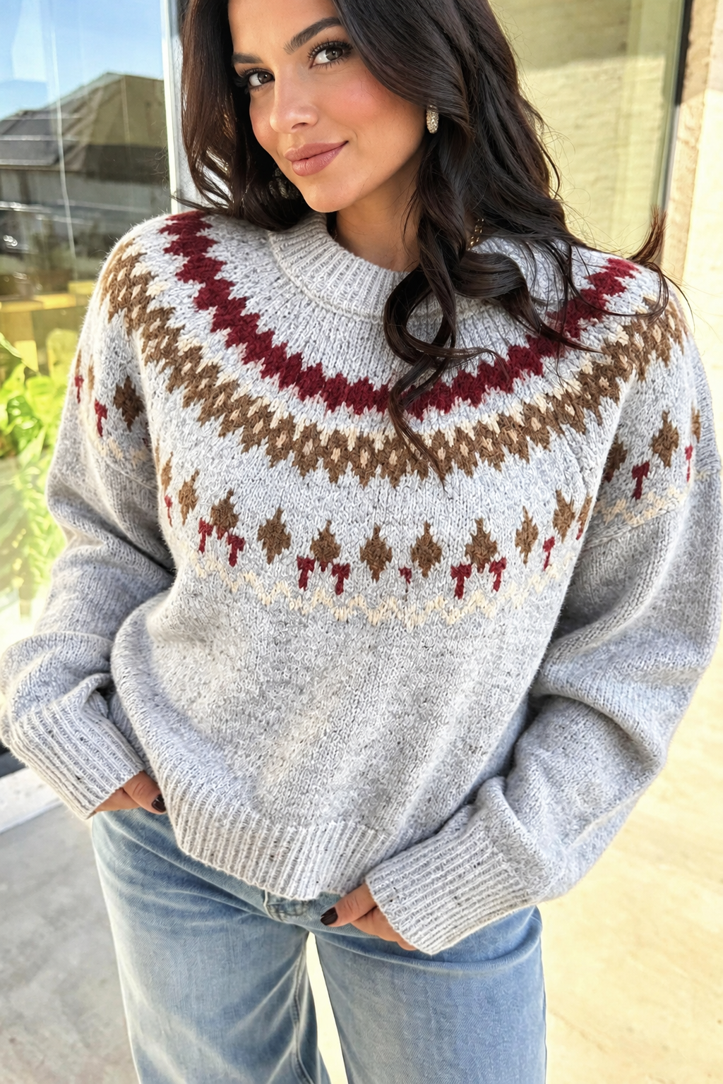 Gray Geometric Detail Round Neck Winter Sweater