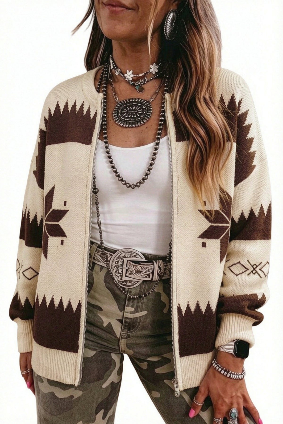 Western Geometric Print Zip Front Loose Sweater Cardigan