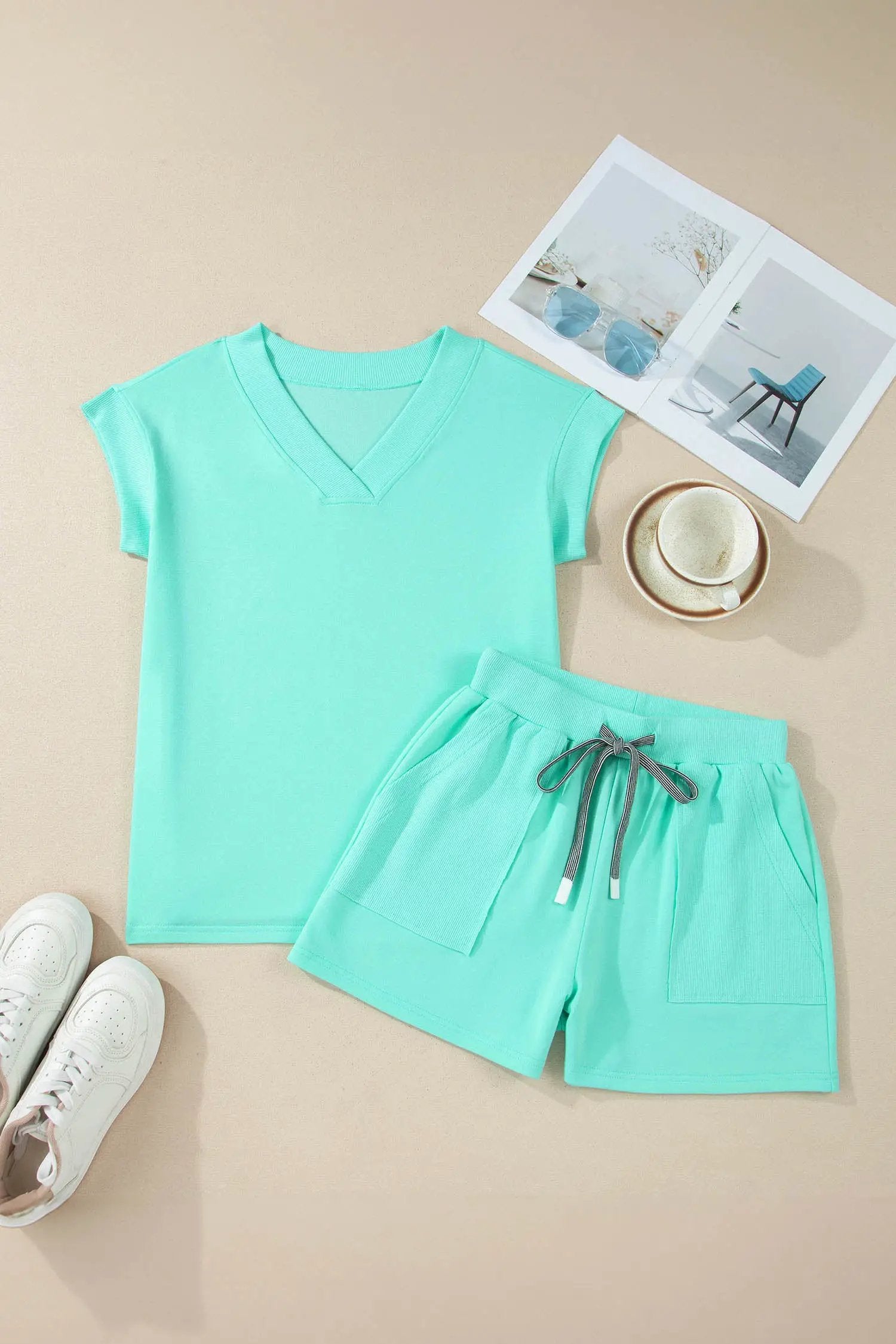 Dear-Lover Dropshipping Sachet Pink V Neck Short Sleeve Top Drawstring Shorts 2pcs Set - Two Piece Sets/Short Sets