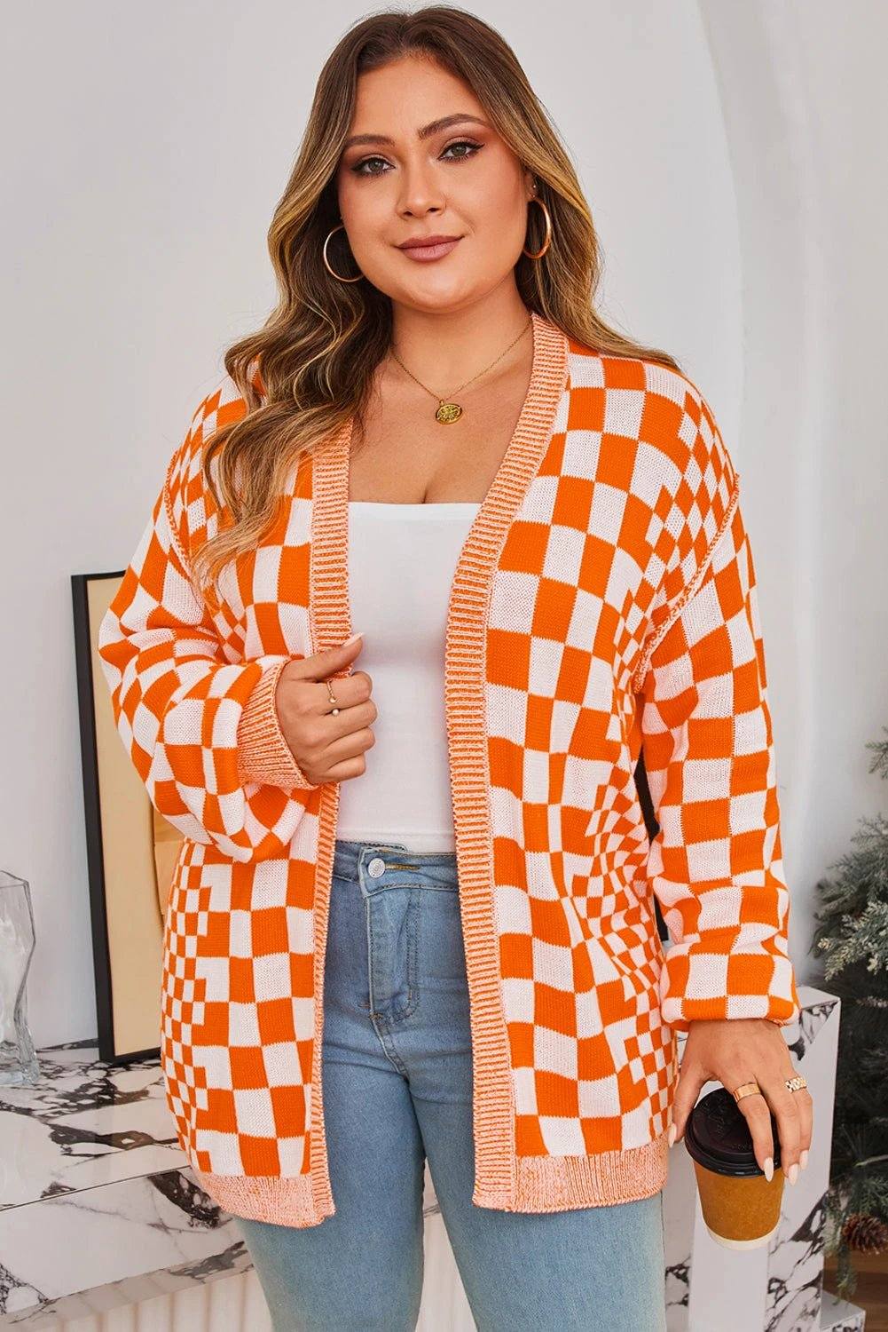 Plus size orange checkered bubble sleeve cardigan with drop shoulder and open front design